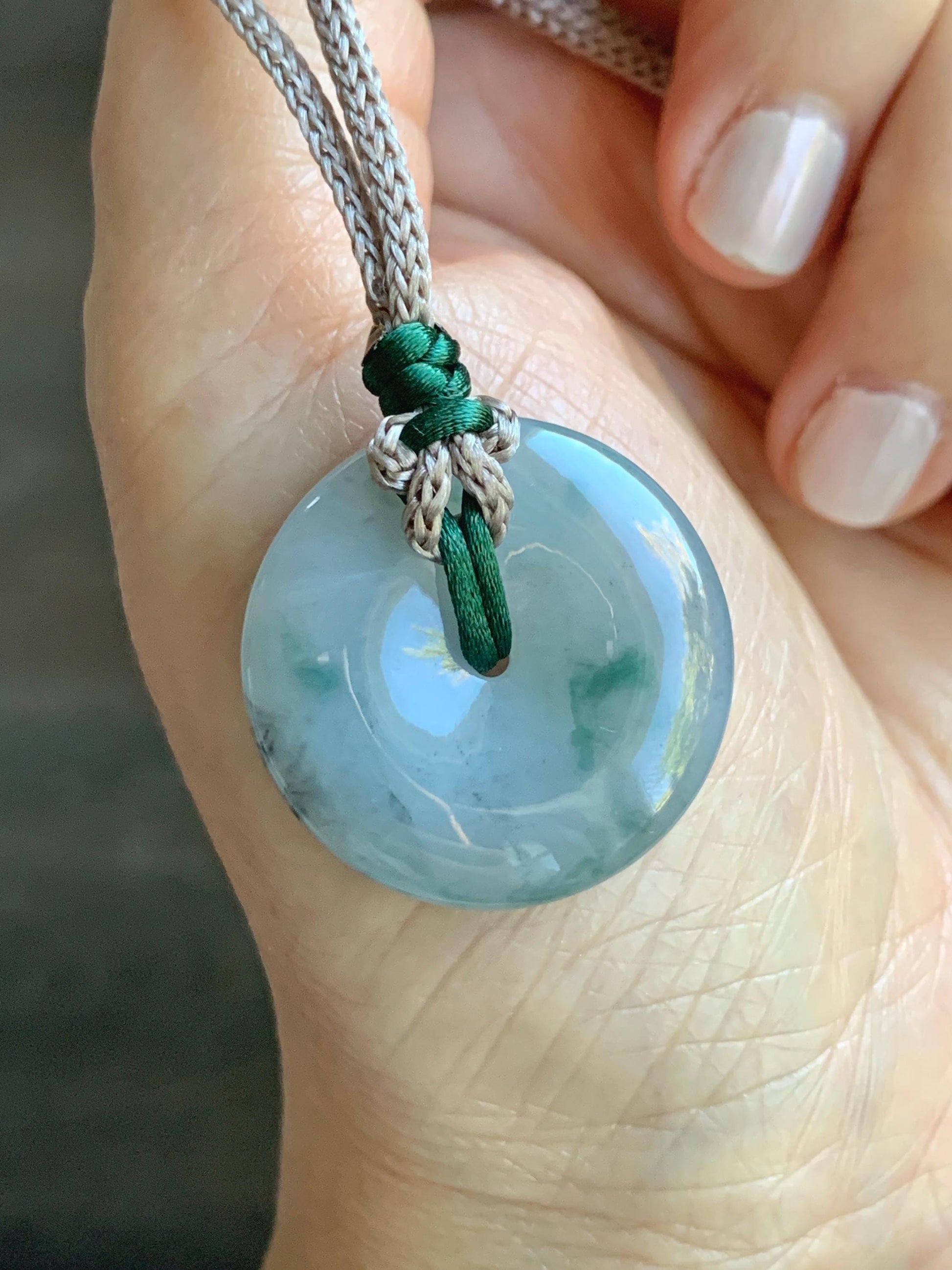 Certified Natural Grade A Icy Translucent Gelatinous Wuji Green Marbled Jadeite Ping An Kou Donut Pendant Rope Necklace 天然冰胶乌鸡飘绿翡翠平安扣吊坠3016