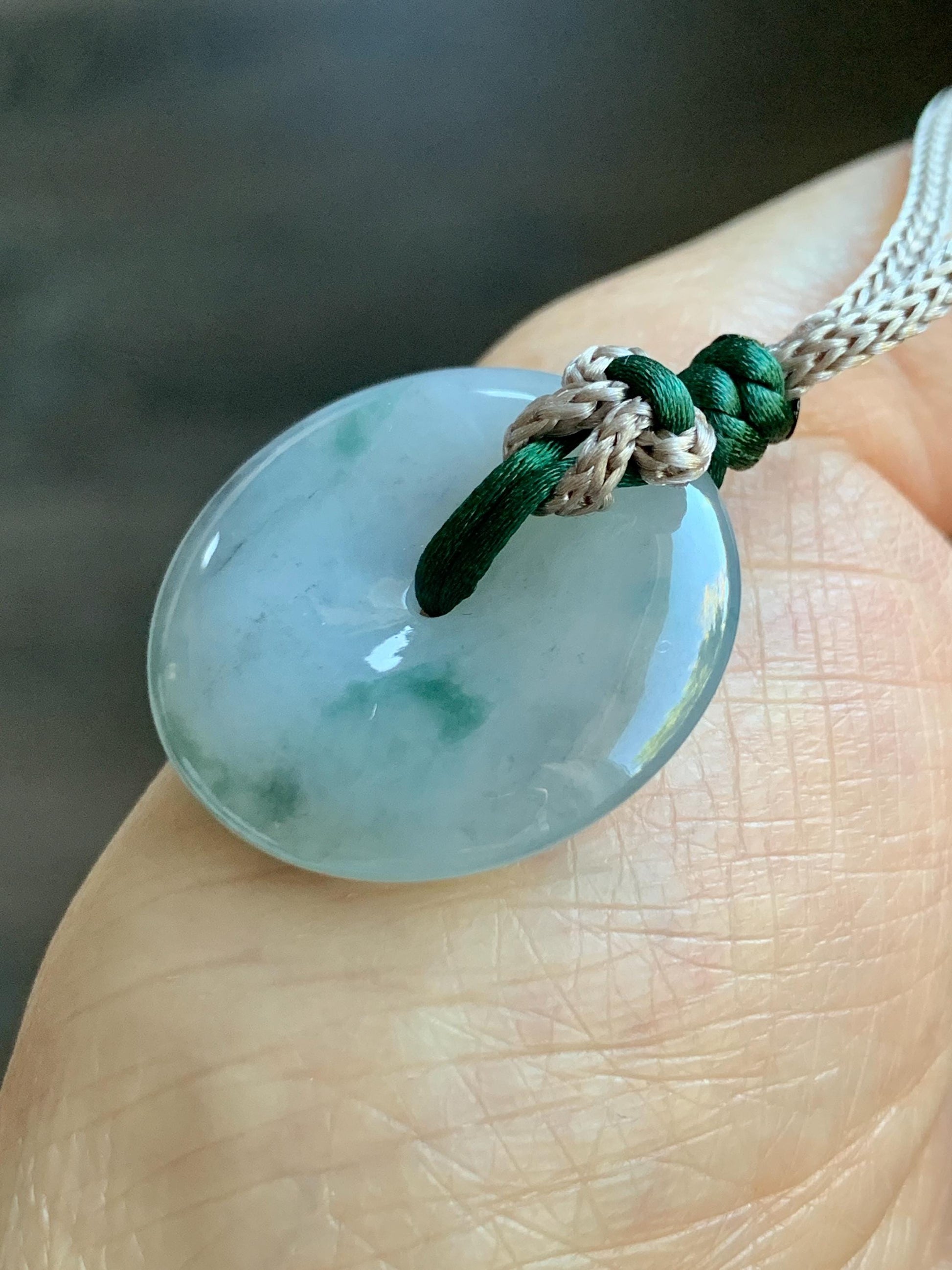 Certified Natural Grade A Icy Translucent Gelatinous Wuji Green Marbled Jadeite Ping An Kou Donut Pendant Rope Necklace 天然冰胶乌鸡飘绿翡翠平安扣吊坠3016