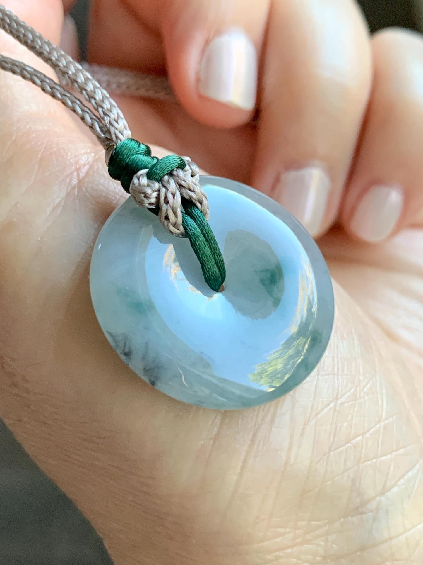 Certified Natural Grade A Icy Translucent Gelatinous Wuji Green Marbled Jadeite Ping An Kou Donut Pendant Rope Necklace 天然冰胶乌鸡飘绿翡翠平安扣吊坠3016