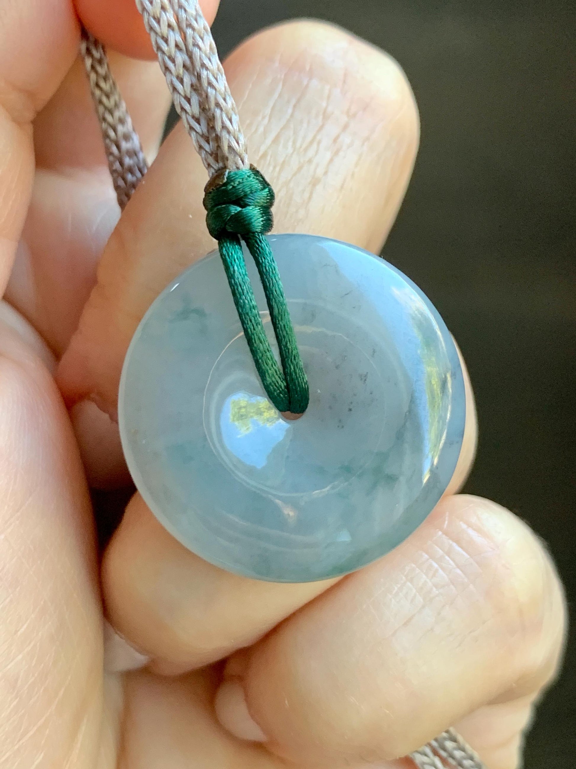 Certified Natural Grade A Icy Translucent Gelatinous Wuji Green Marbled Jadeite Ping An Kou Donut Pendant Rope Necklace 天然冰胶乌鸡飘绿翡翠平安扣吊坠3016