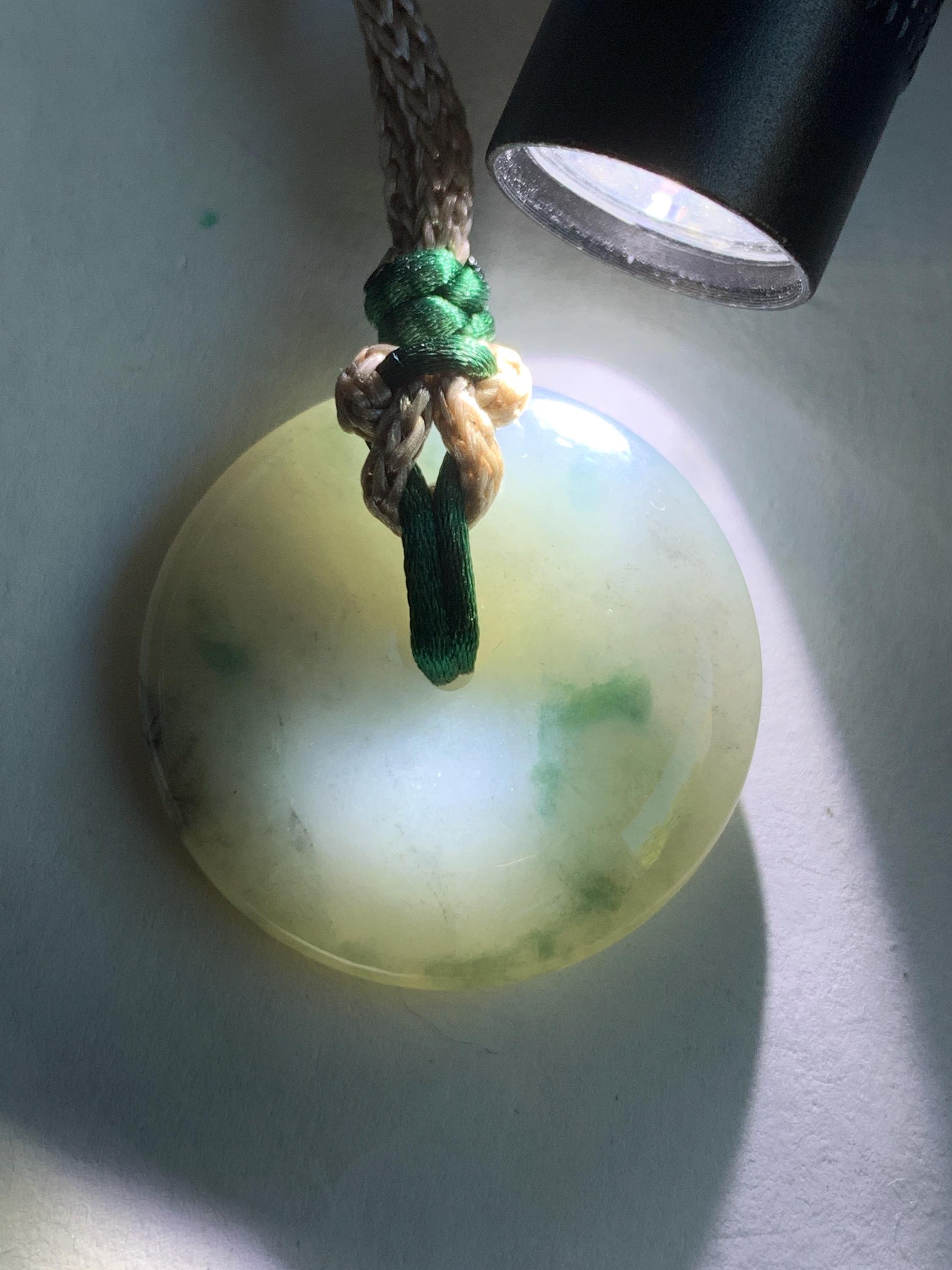 Certified Natural Grade A Icy Translucent Gelatinous Wuji Green Marbled Jadeite Ping An Kou Donut Pendant Rope Necklace 天然冰胶乌鸡飘绿翡翠平安扣吊坠3016
