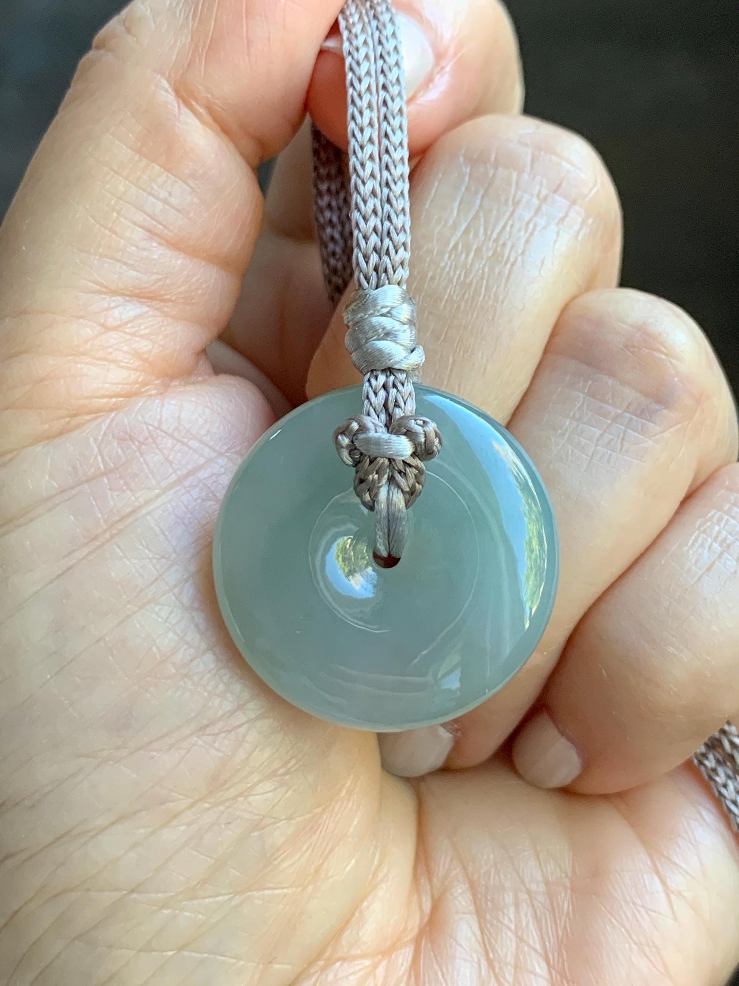 Certified Natural Grade A Icy Translucent Gelatinous Light Green Jade Jadeite Ping An Kou Donut Pendant Rope Necklace 26” 天然冰胶晴底翡翠平安扣吊坠 3015