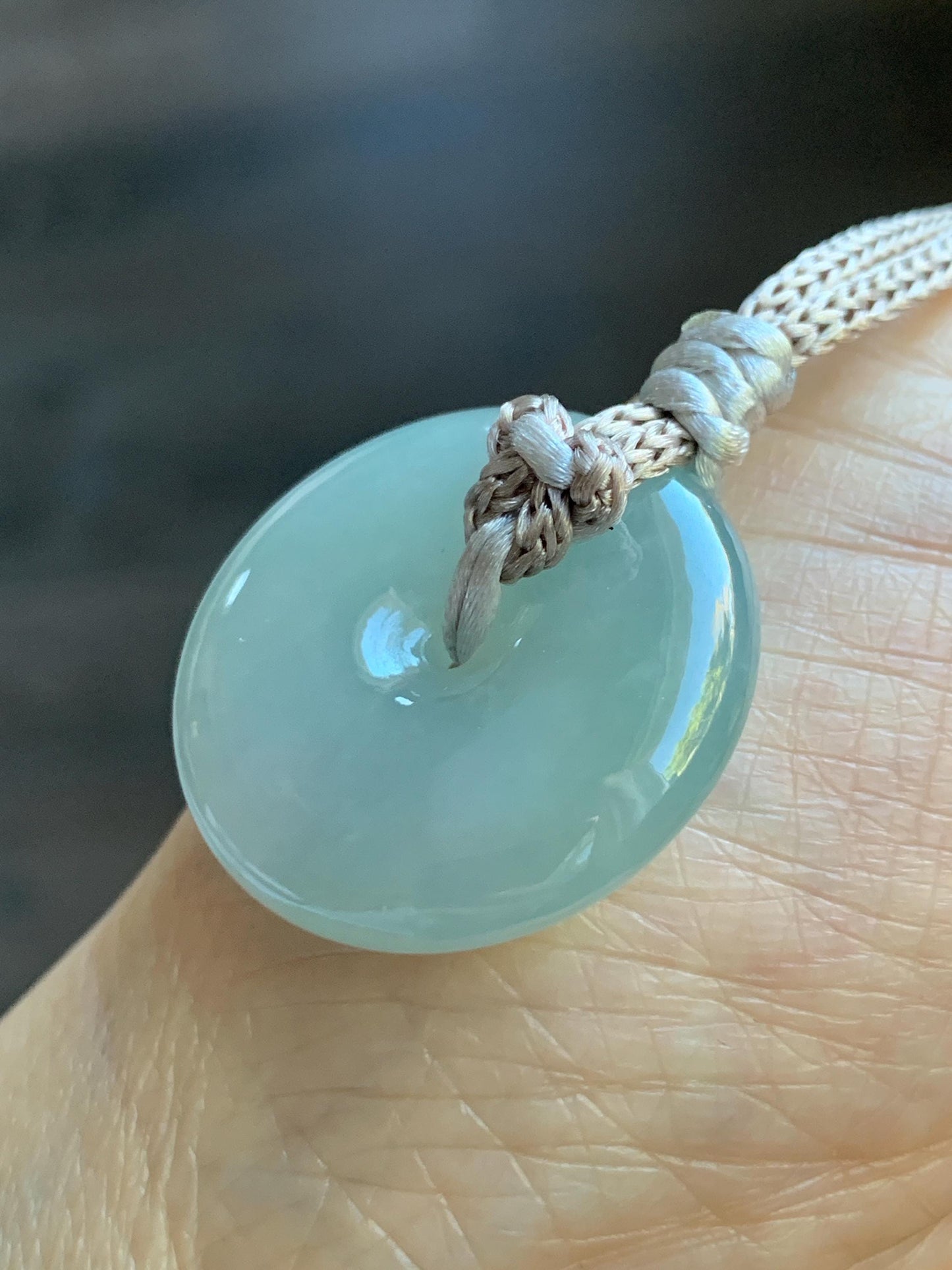 Certified Natural Grade A Icy Translucent Gelatinous Light Green Jade Jadeite Ping An Kou Donut Pendant Rope Necklace 26” 天然冰胶晴底翡翠平安扣吊坠 3015