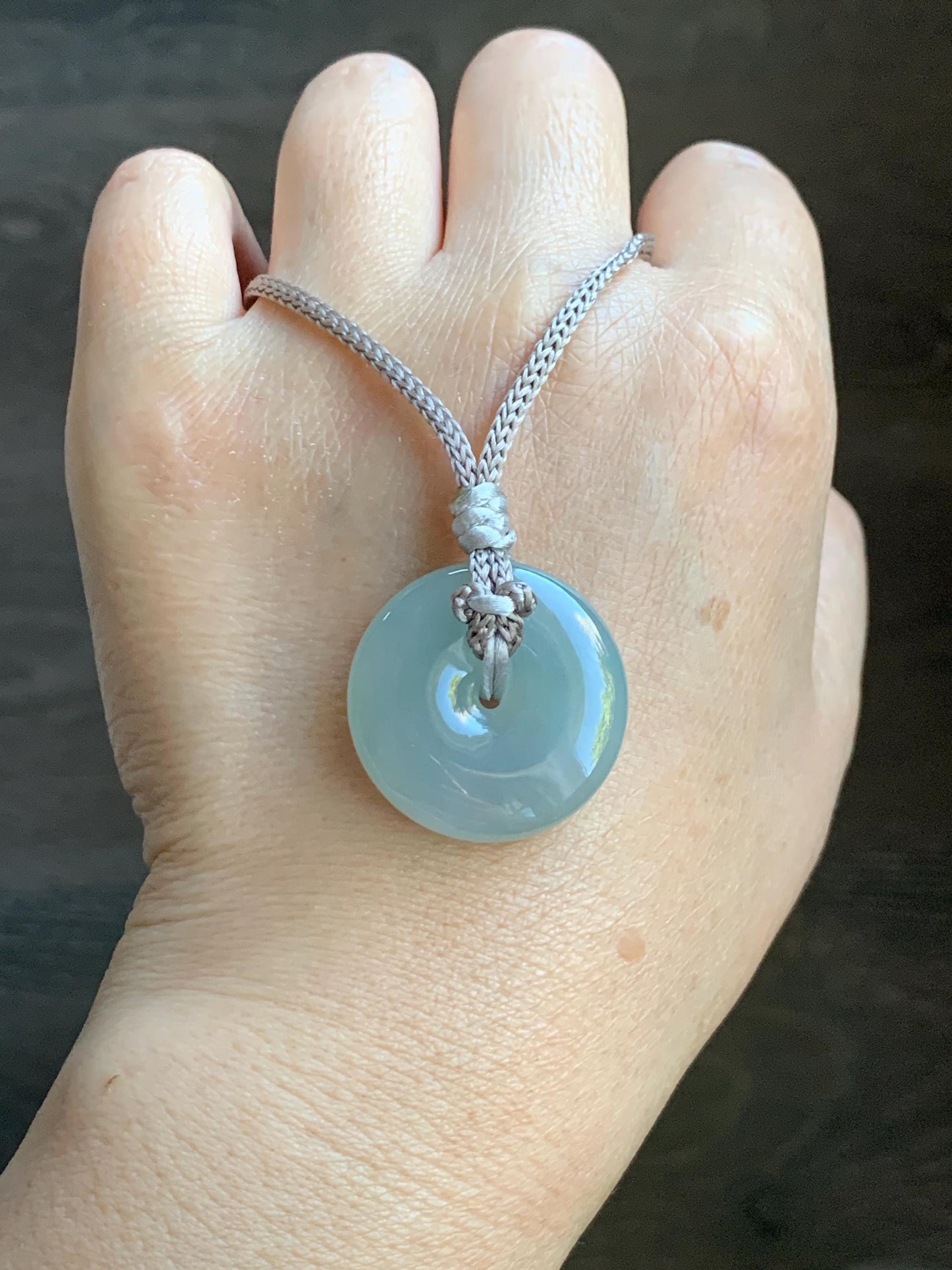 Certified Natural Grade A Icy Translucent Gelatinous Light Green Jade Jadeite Ping An Kou Donut Pendant Rope Necklace 26” 天然冰胶晴底翡翠平安扣吊坠 3015