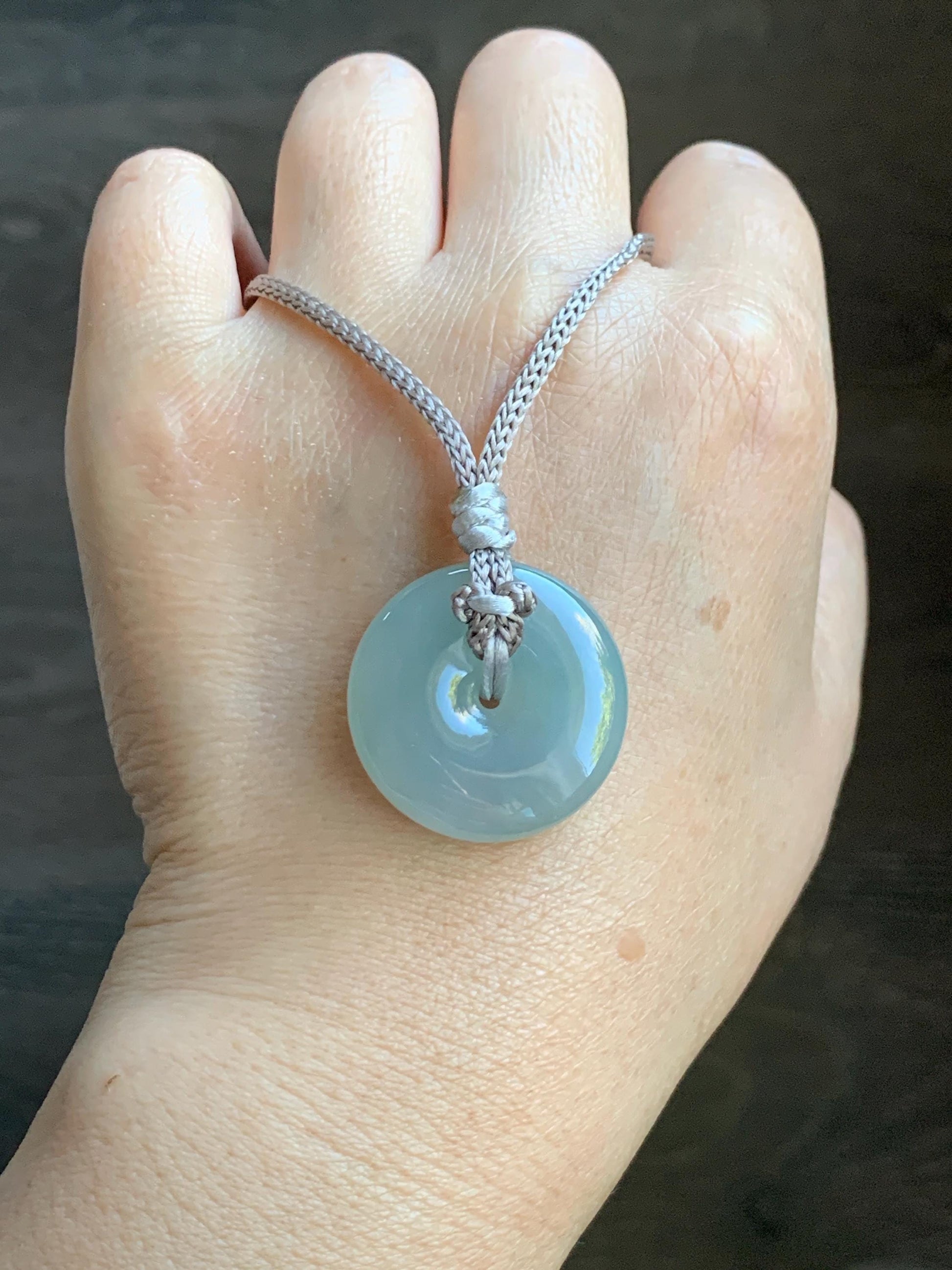Certified Natural Grade A Icy Translucent Gelatinous Light Green Jade Jadeite Ping An Kou Donut Pendant Rope Necklace 26” 天然冰胶晴底翡翠平安扣吊坠 3015