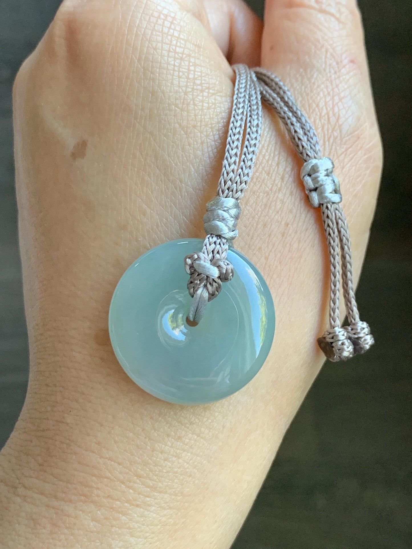 Certified Natural Grade A Icy Translucent Gelatinous Light Green Jade Jadeite Ping An Kou Donut Pendant Rope Necklace 26” 天然冰胶晴底翡翠平安扣吊坠 3015