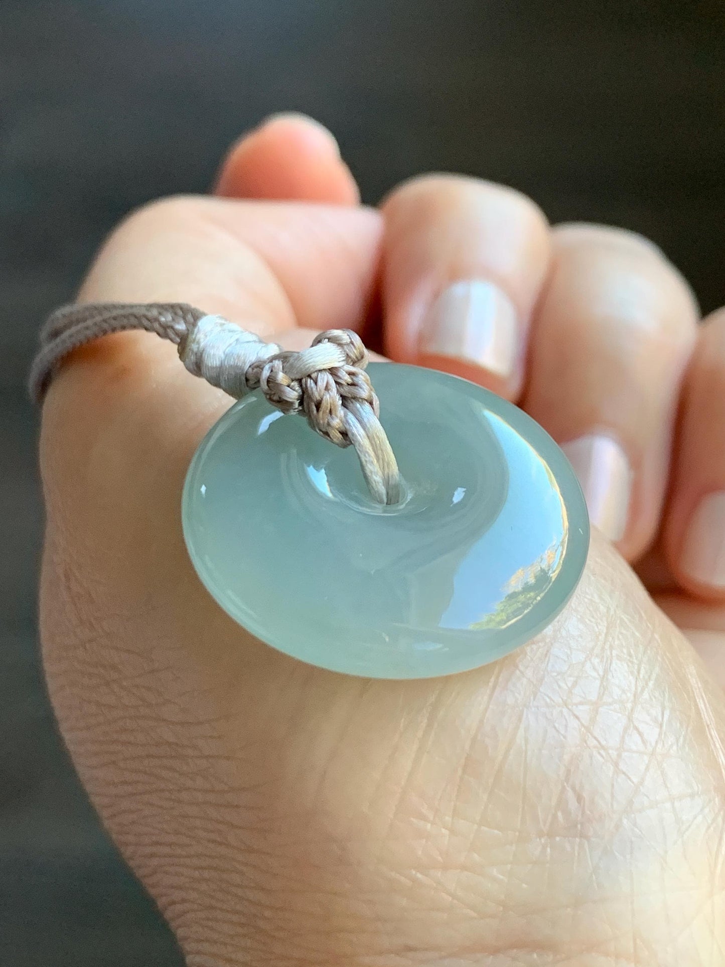 Certified Natural Grade A Icy Translucent Gelatinous Light Green Jade Jadeite Ping An Kou Donut Pendant Rope Necklace 26” 天然冰胶晴底翡翠平安扣吊坠 3015