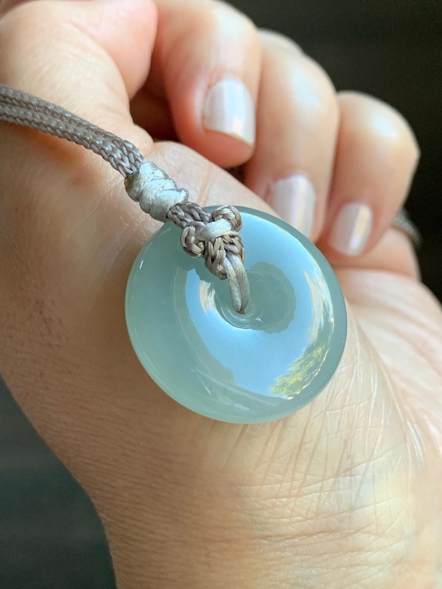 Certified Natural Grade A Icy Translucent Gelatinous Light Green Jade Jadeite Ping An Kou Donut Pendant Rope Necklace 26” 天然冰胶晴底翡翠平安扣吊坠 3015