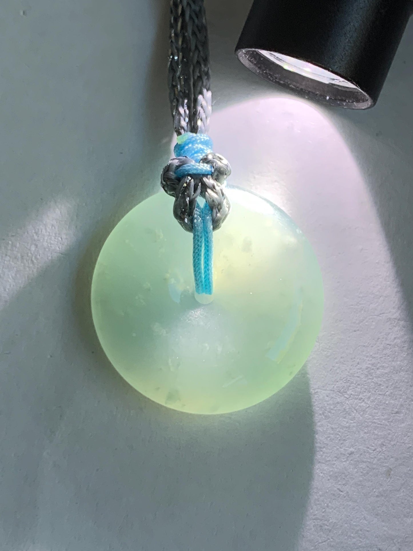 Certified Natural Grade A Guatemalan Icy Translucent Light Blue Jade Jadeite Ping An Kou Donut Pendant Rope Necklace 天然冰胶危天空蓝翡翠平安扣吊坠项链 1122