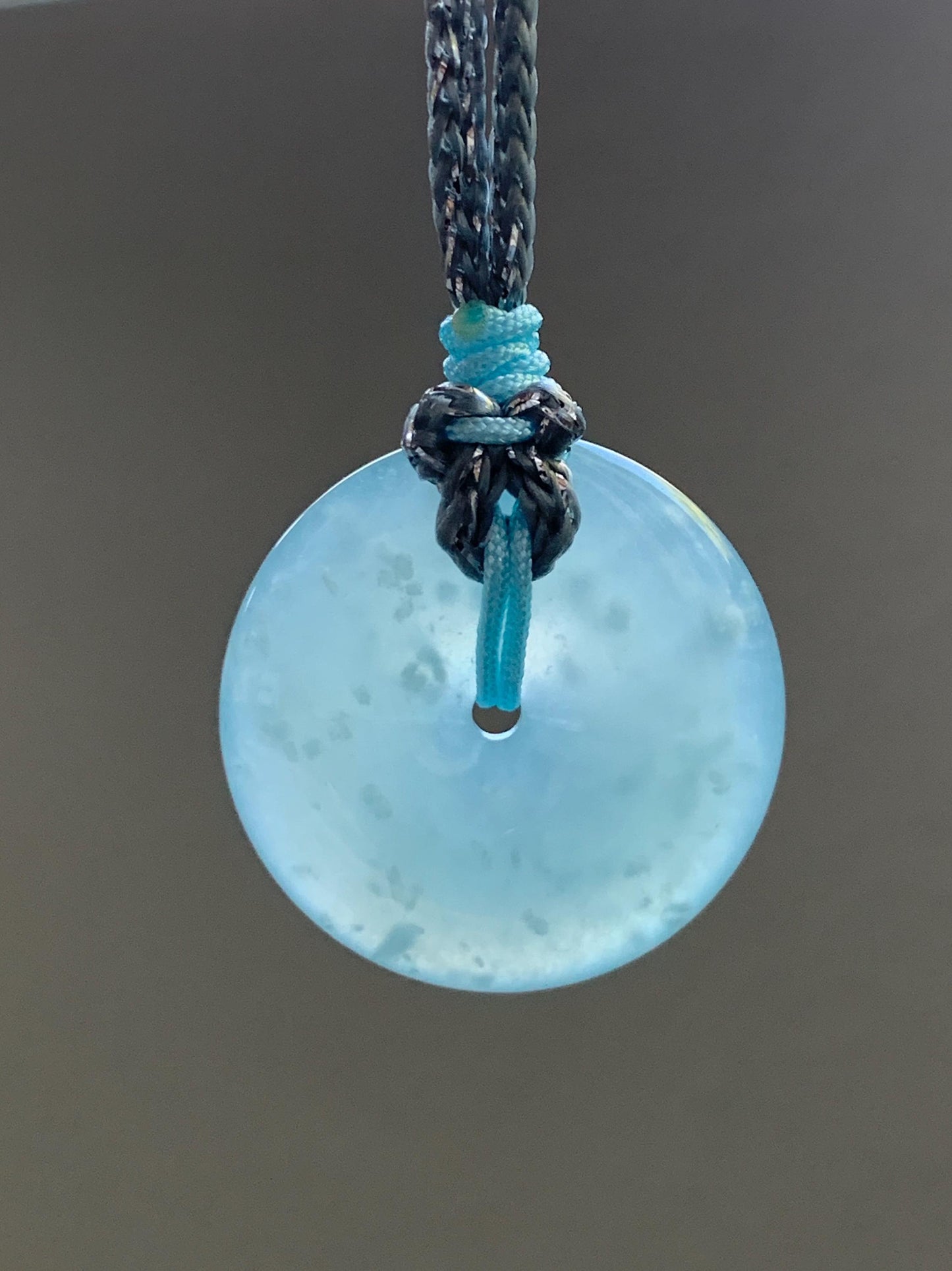 Certified Natural Grade A Guatemalan Icy Translucent Light Blue Jade Jadeite Ping An Kou Donut Pendant Rope Necklace 天然冰胶危天空蓝翡翠平安扣吊坠项链 1122