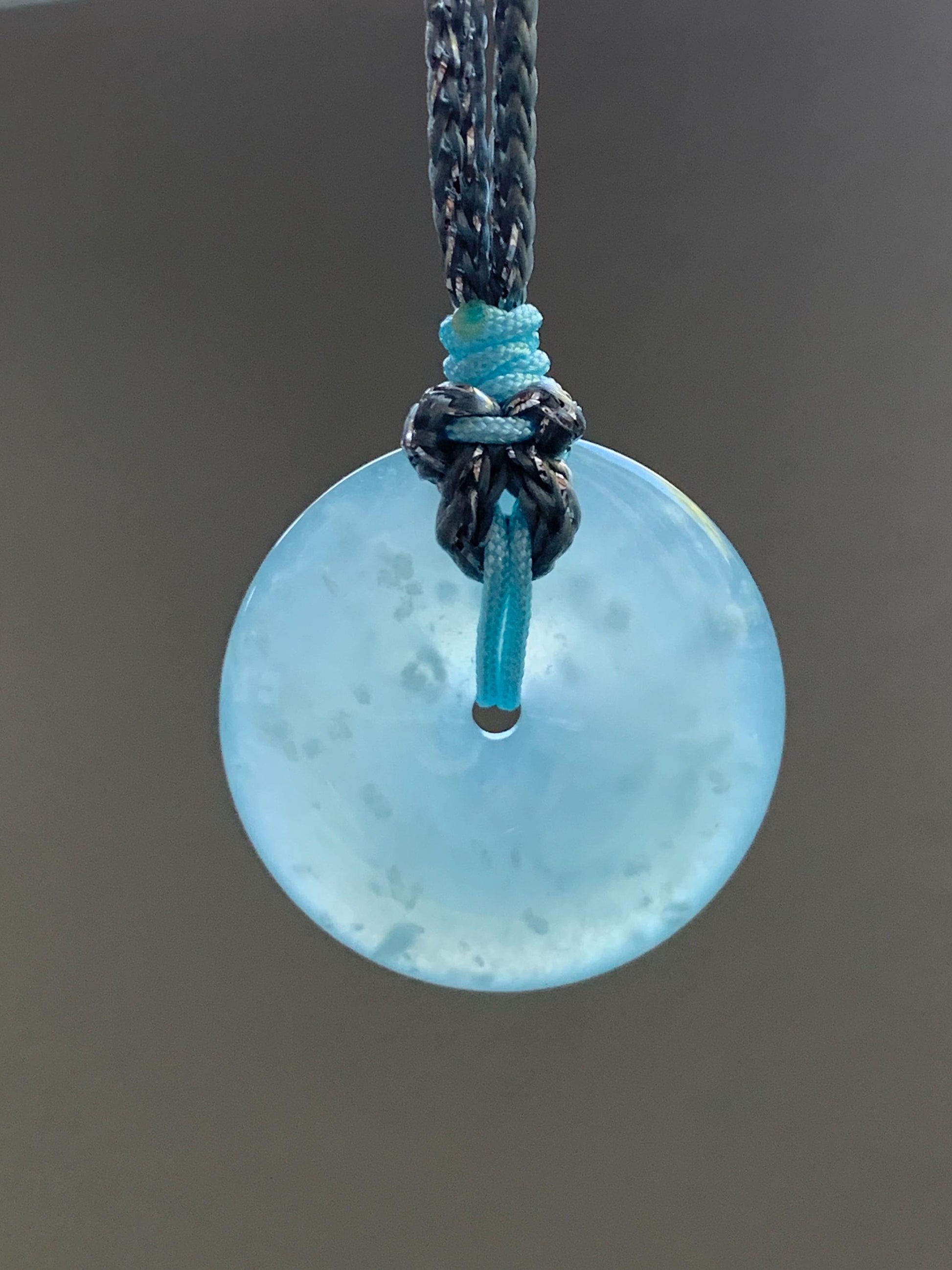 Certified Natural Grade A Guatemalan Icy Translucent Light Blue Jade Jadeite Ping An Kou Donut Pendant Rope Necklace 天然冰胶危天空蓝翡翠平安扣吊坠项链 1122
