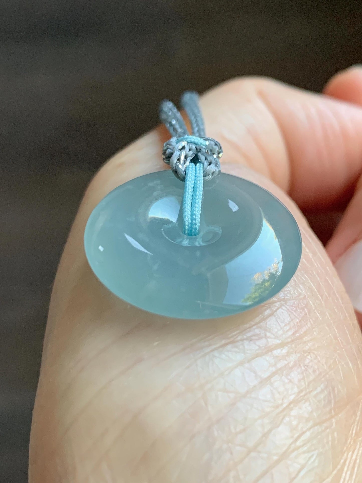 Certified Natural Grade A Guatemalan Icy Translucent Light Blue Jade Jadeite Ping An Kou Donut Pendant Rope Necklace 天然冰胶危天空蓝翡翠平安扣吊坠项链 1122