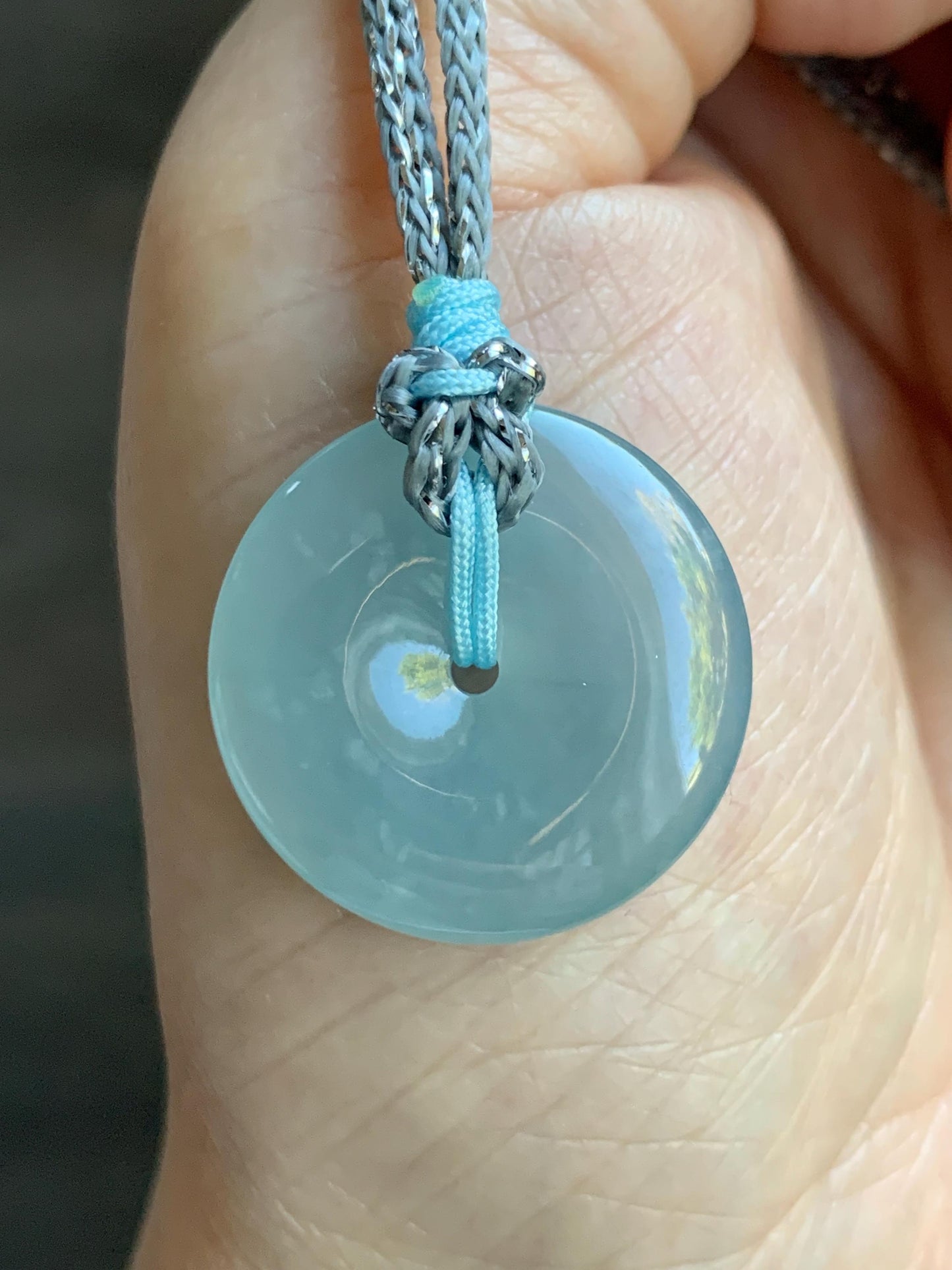 Certified Natural Grade A Guatemalan Icy Translucent Light Blue Jade Jadeite Ping An Kou Donut Pendant Rope Necklace 天然冰胶危天空蓝翡翠平安扣吊坠项链 1122