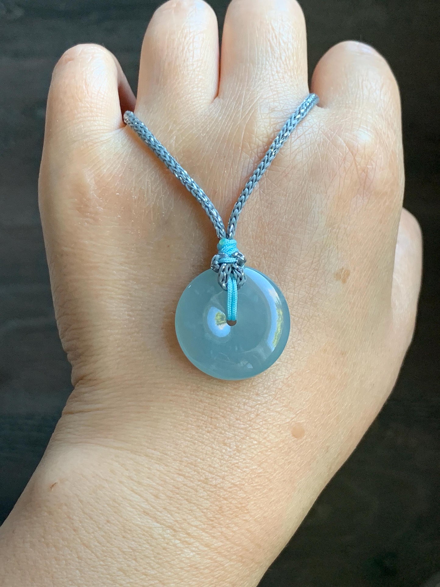 Certified Natural Grade A Guatemalan Icy Translucent Light Blue Jade Jadeite Ping An Kou Donut Pendant Rope Necklace 天然冰胶危天空蓝翡翠平安扣吊坠项链 1122