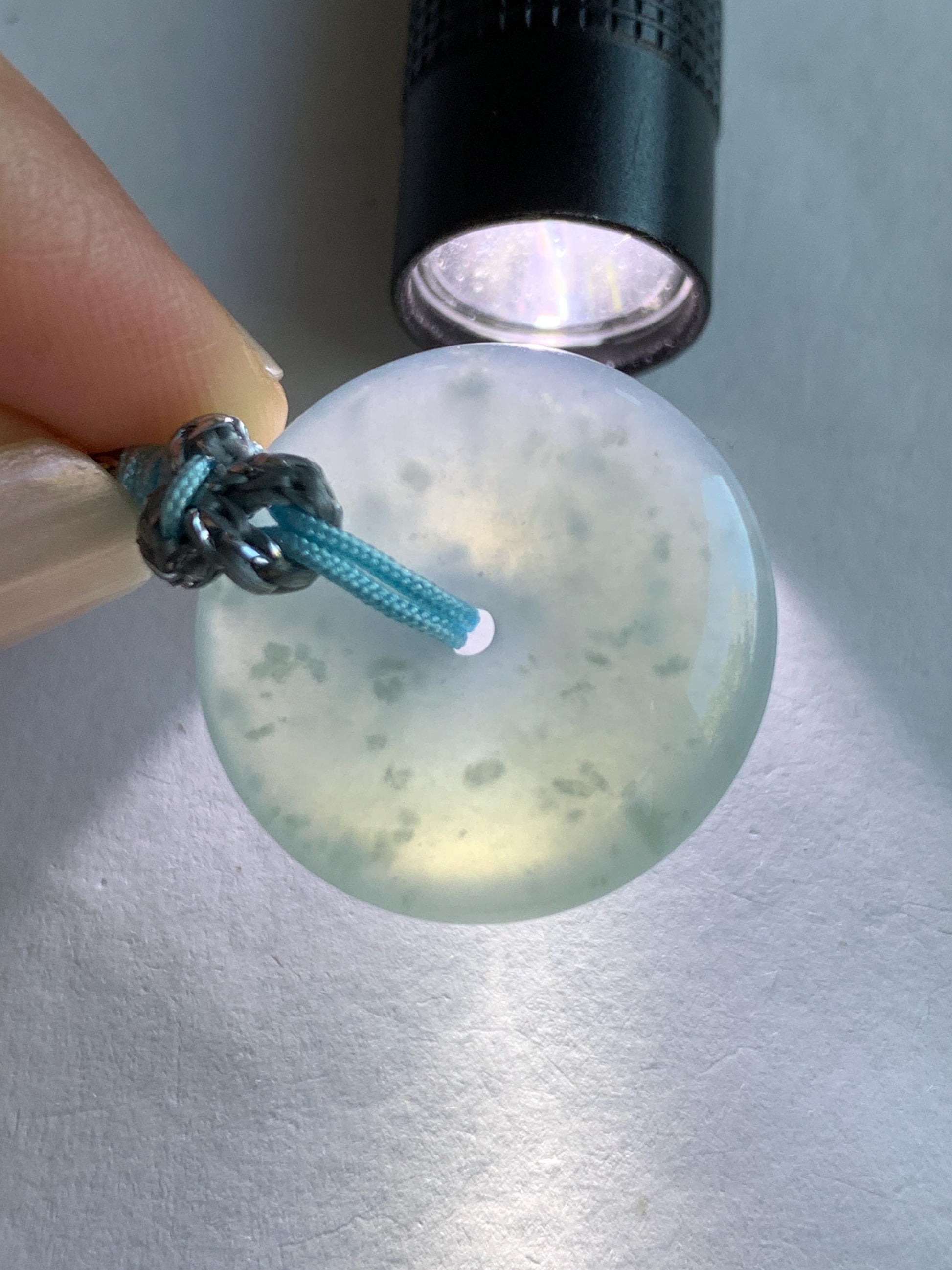 Certified Natural Grade A Guatemalan Icy Translucent Light Blue Jade Jadeite Ping An Kou Donut Pendant Rope Necklace 天然冰胶危天空蓝翡翠平安扣吊坠项链 1122
