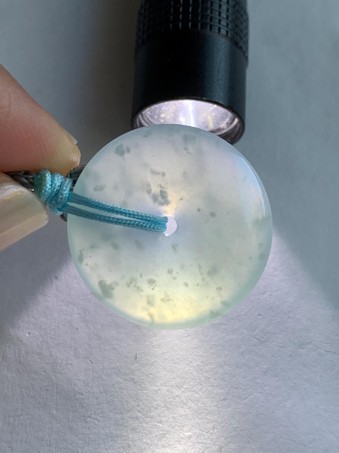 Certified Natural Grade A Guatemalan Icy Translucent Light Blue Jade Jadeite Ping An Kou Donut Pendant Rope Necklace 天然冰胶危天空蓝翡翠平安扣吊坠项链 1122