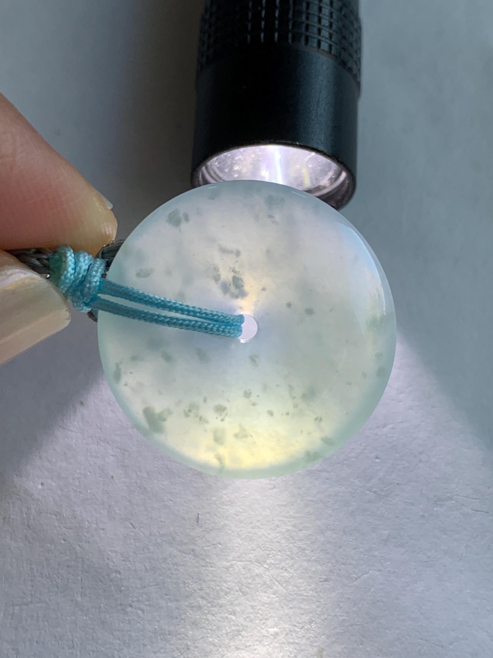 Certified Natural Grade A Guatemalan Icy Translucent Light Blue Jade Jadeite Ping An Kou Donut Pendant Rope Necklace 天然冰胶危天空蓝翡翠平安扣吊坠项链 1122