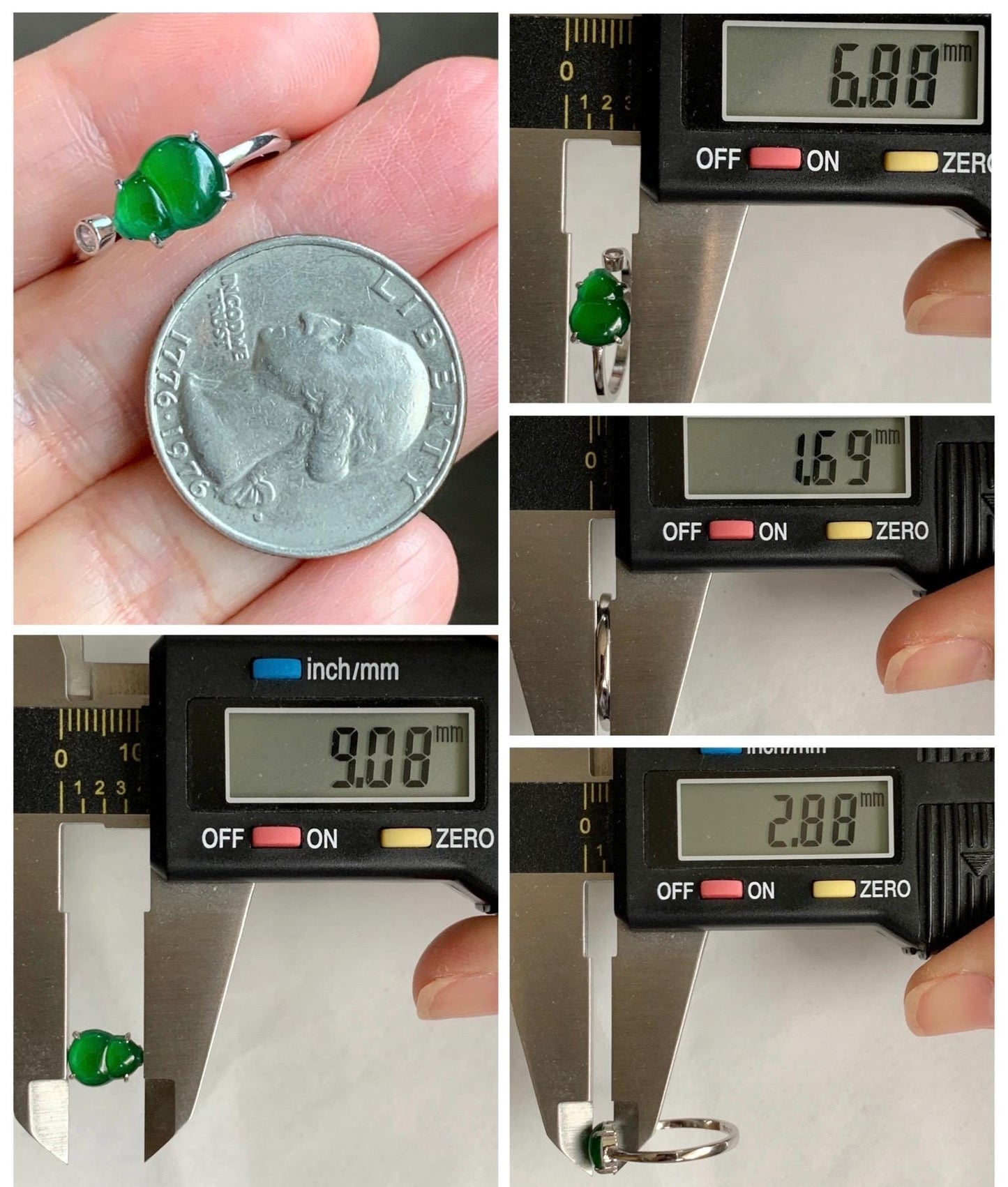 Natural Grade A Guatemalan Icy Translucent Vibrant Green Jade Jadeite Hulu Gourd Ring Sterling Silver Size 6 Adjustable 天然冰危绿翡翠葫芦银镶戒指 KKH99