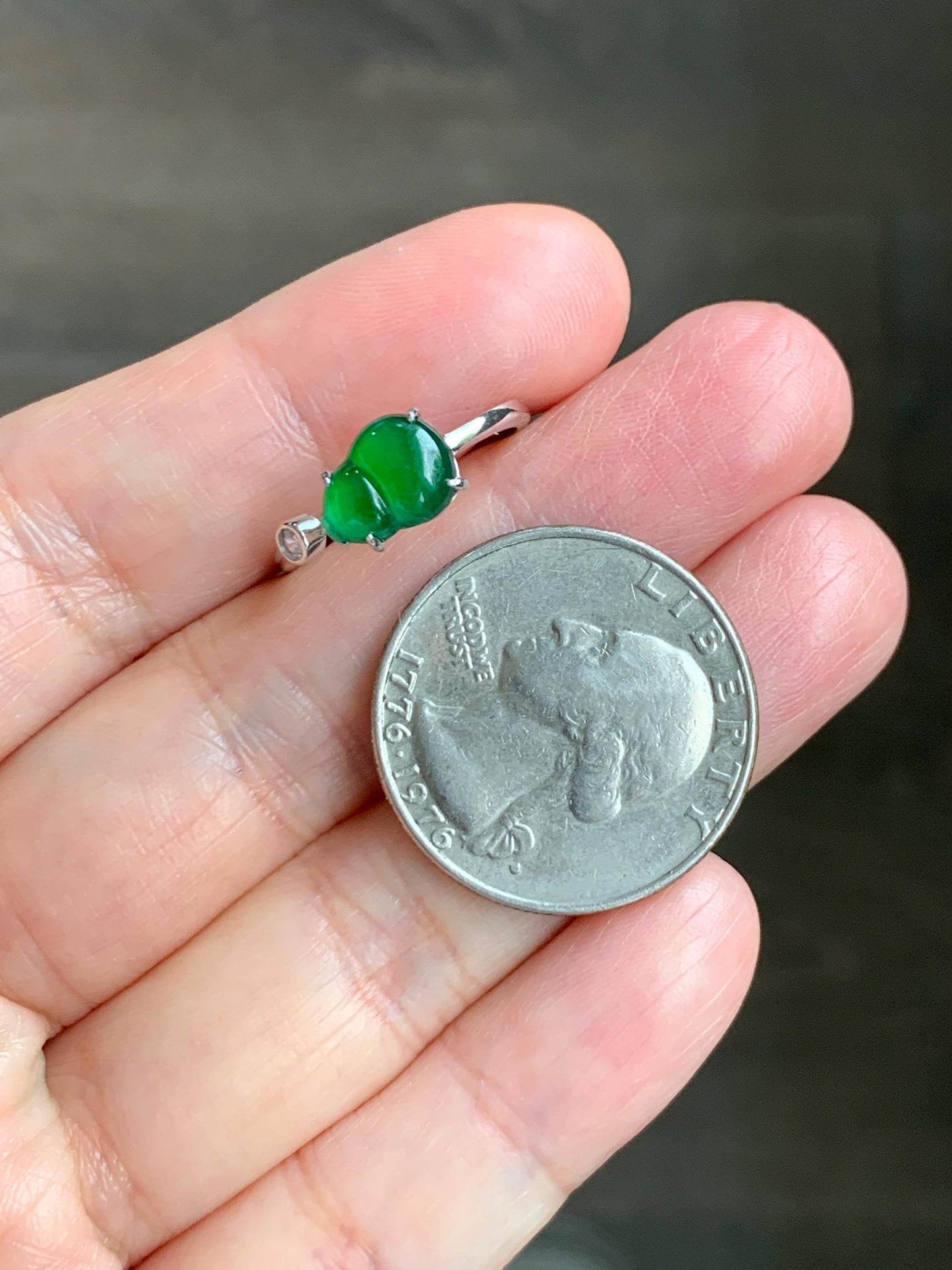 Natural Grade A Guatemalan Icy Translucent Vibrant Green Jade Jadeite Hulu Gourd Ring Sterling Silver Size 6 Adjustable 天然冰危绿翡翠葫芦银镶戒指 KKH99