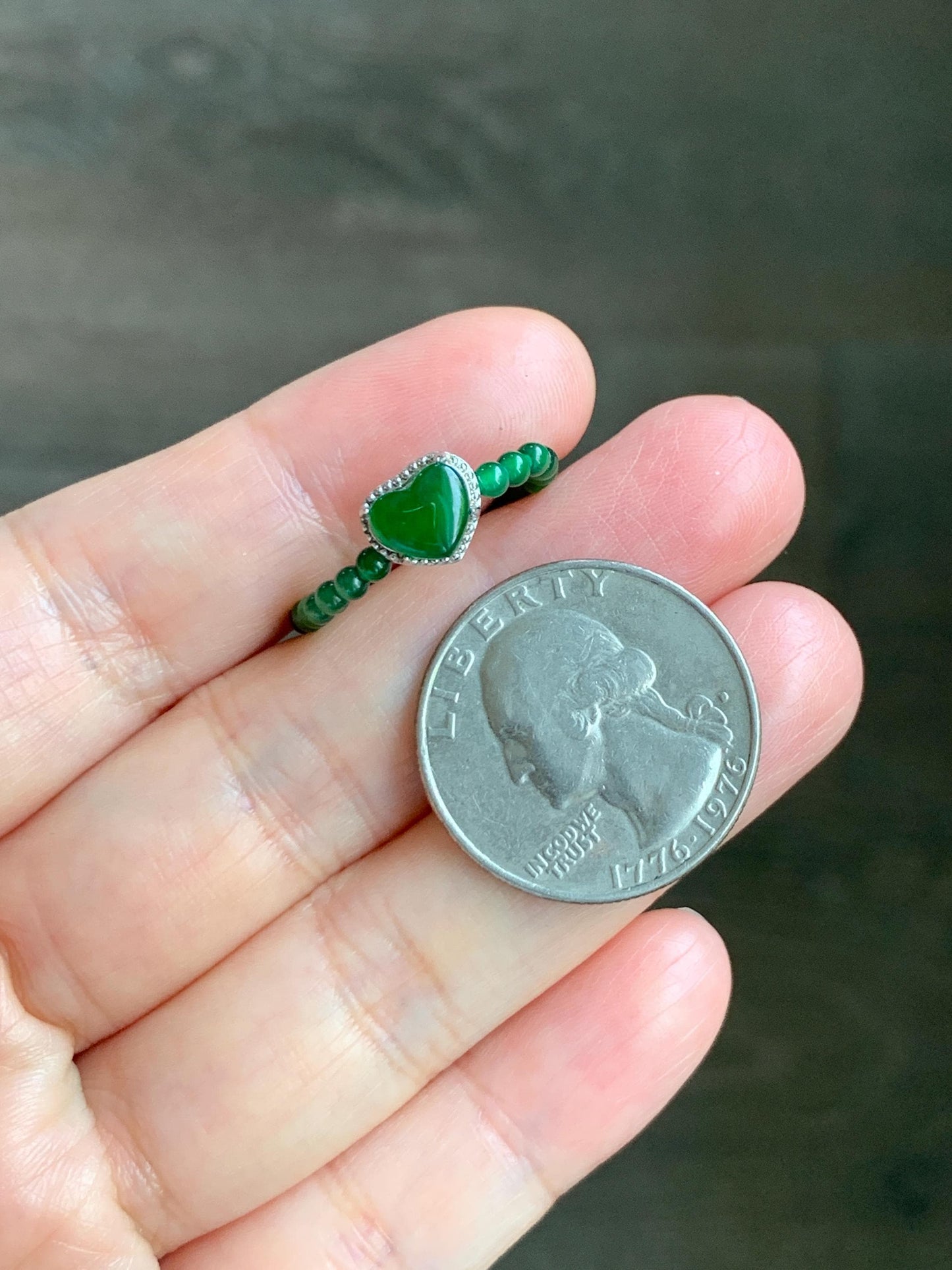 Natural Grade A Guatemalan Icy Translucent Vibrant Green Jade Jadeite Petite Beads Heart Charm Beaded Ring Size 7 US 天然冰危绿翡翠小珠潘多拉爱心戒圈WLX110