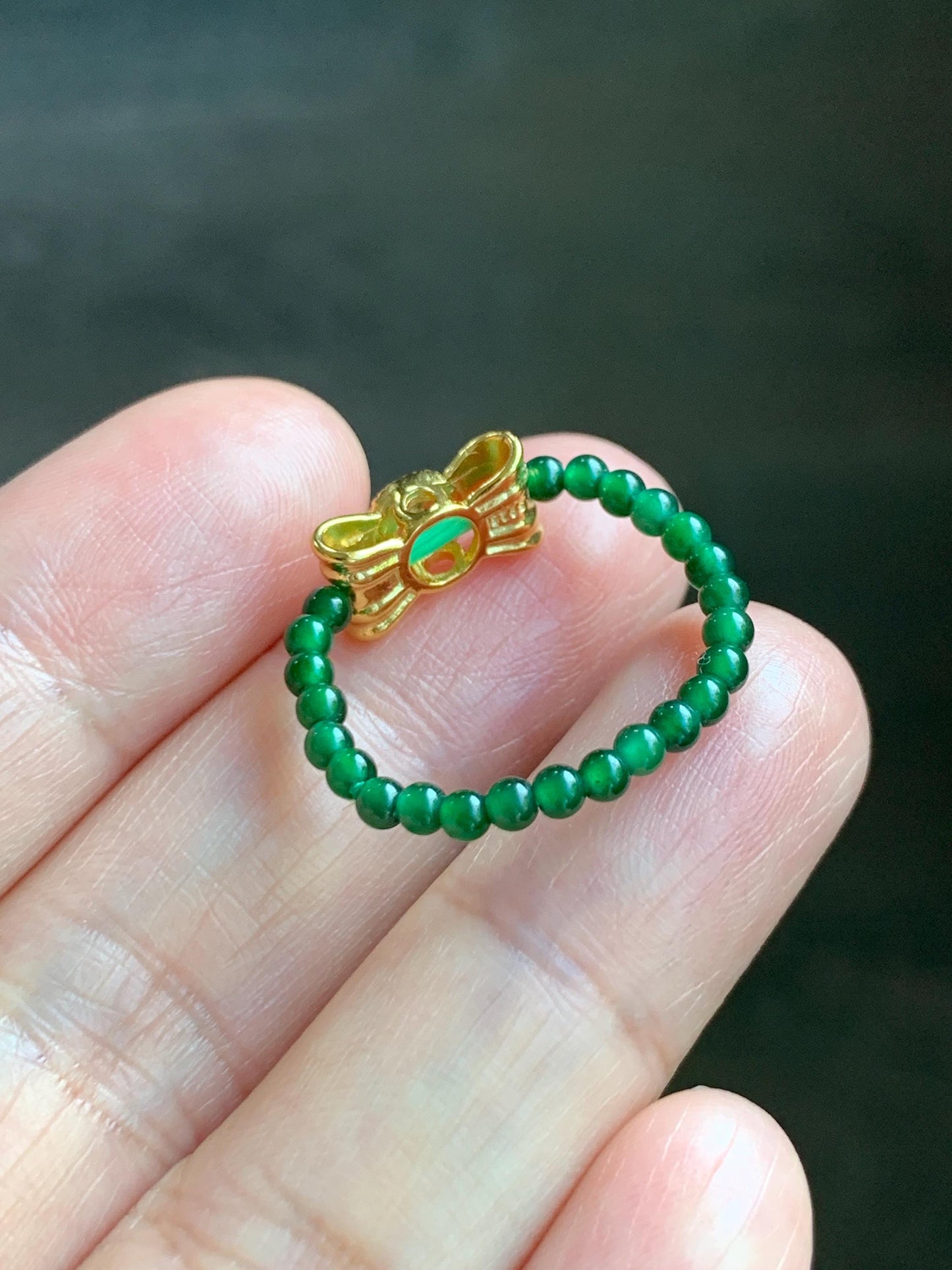 Natural Grade A Guatemalan Icy Translucent Vibrant Green Jade Jadeite Petite Beads Bow Charm Beaded Ring Size 7 US 天然冰危绿翡翠小珠潘多拉蝴蝶结戒圈WLHJ110