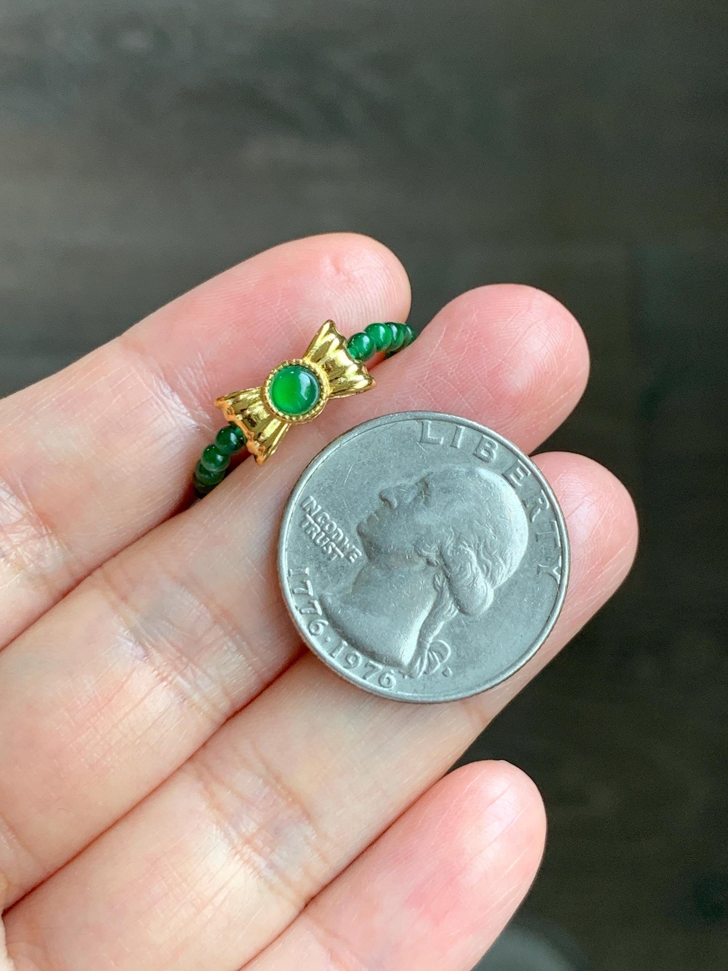 Natural Grade A Guatemalan Icy Translucent Vibrant Green Jade Jadeite Petite Beads Bow Charm Beaded Ring Size 7 US 天然冰危绿翡翠小珠潘多拉蝴蝶结戒圈WLHJ110