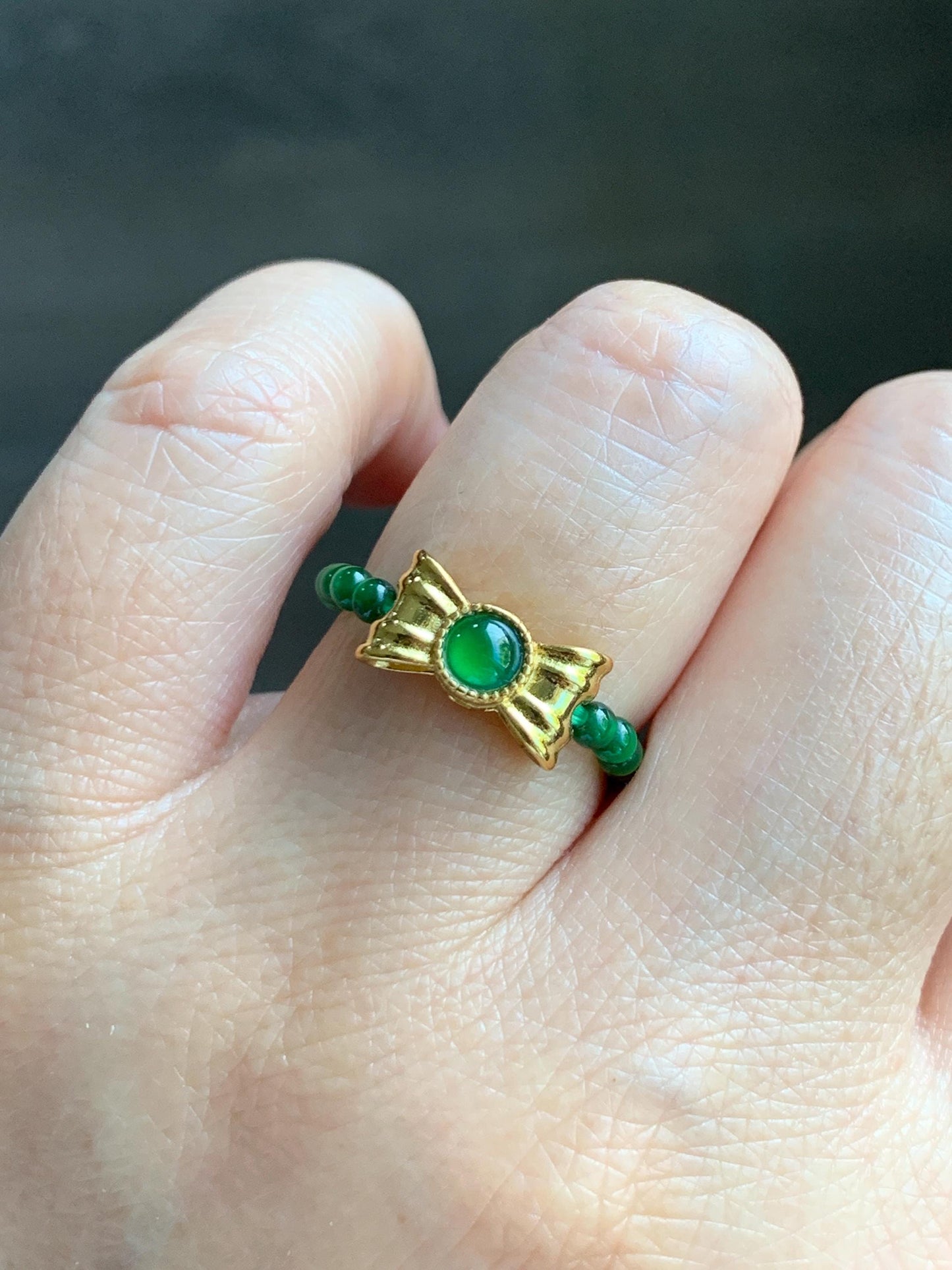 Natural Grade A Guatemalan Icy Translucent Vibrant Green Jade Jadeite Petite Beads Bow Charm Beaded Ring Size 7 US 天然冰危绿翡翠小珠潘多拉蝴蝶结戒圈WLHJ110
