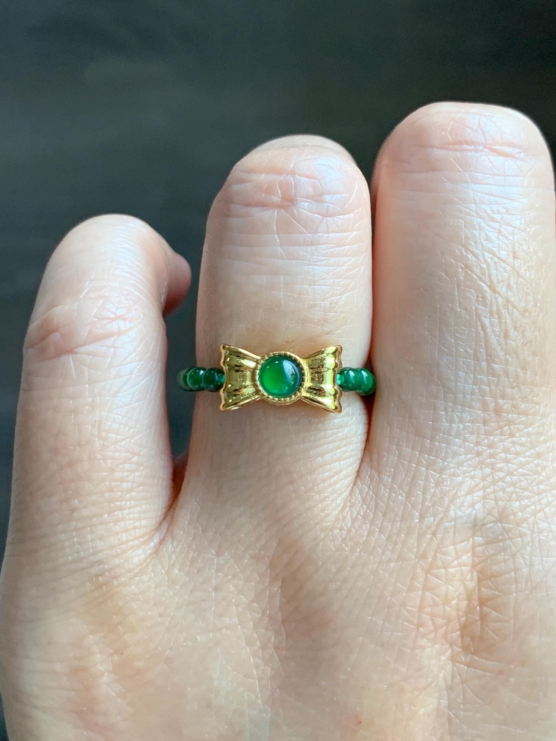 Natural Grade A Guatemalan Icy Translucent Vibrant Green Jade Jadeite Petite Beads Bow Charm Beaded Ring Size 7 US 天然冰危绿翡翠小珠潘多拉蝴蝶结戒圈WLHJ110