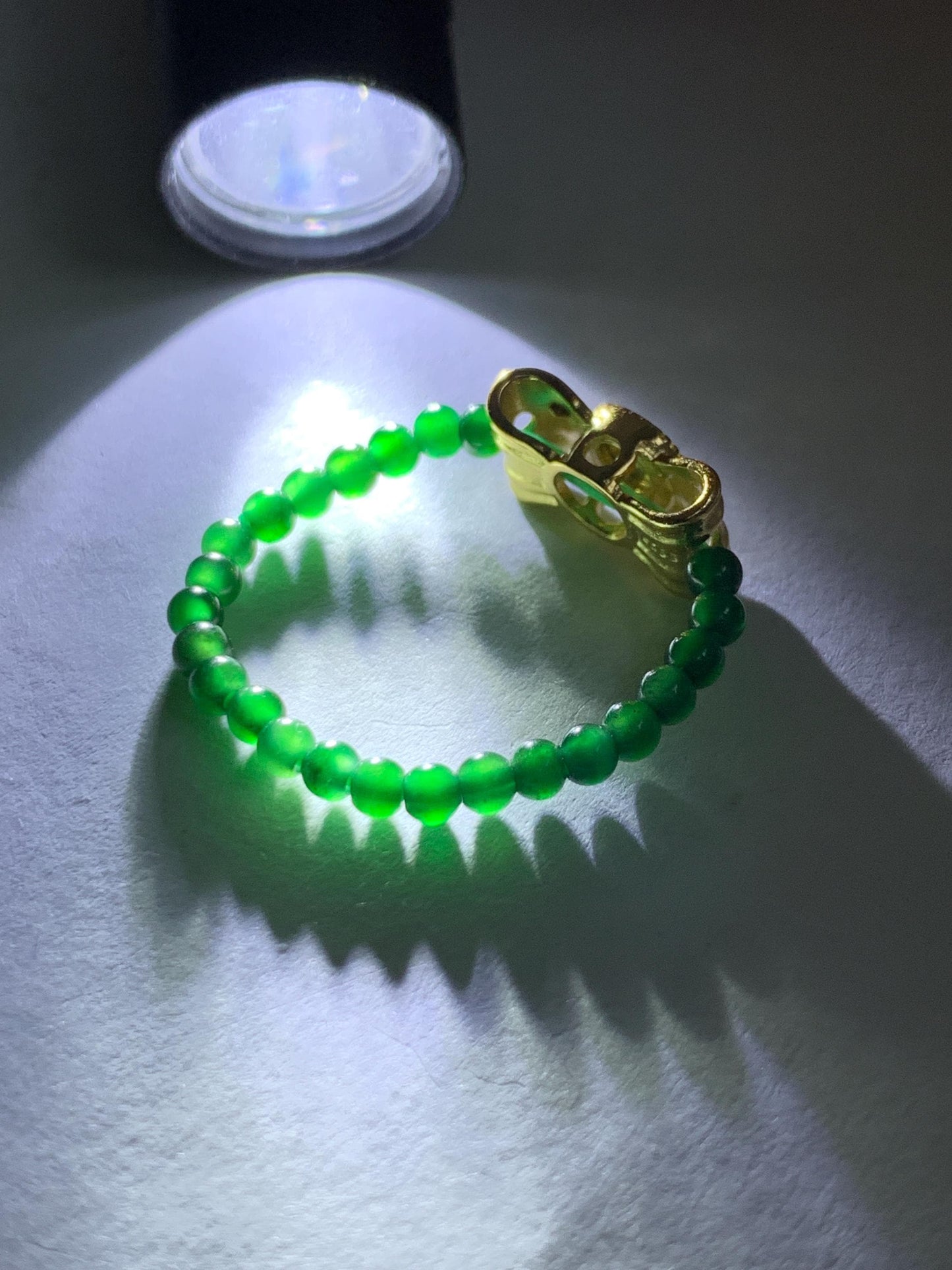 Natural Grade A Guatemalan Icy Translucent Vibrant Green Jade Jadeite Petite Beads Bow Charm Beaded Ring Size 7 US 天然冰危绿翡翠小珠潘多拉蝴蝶结戒圈WLHJ110