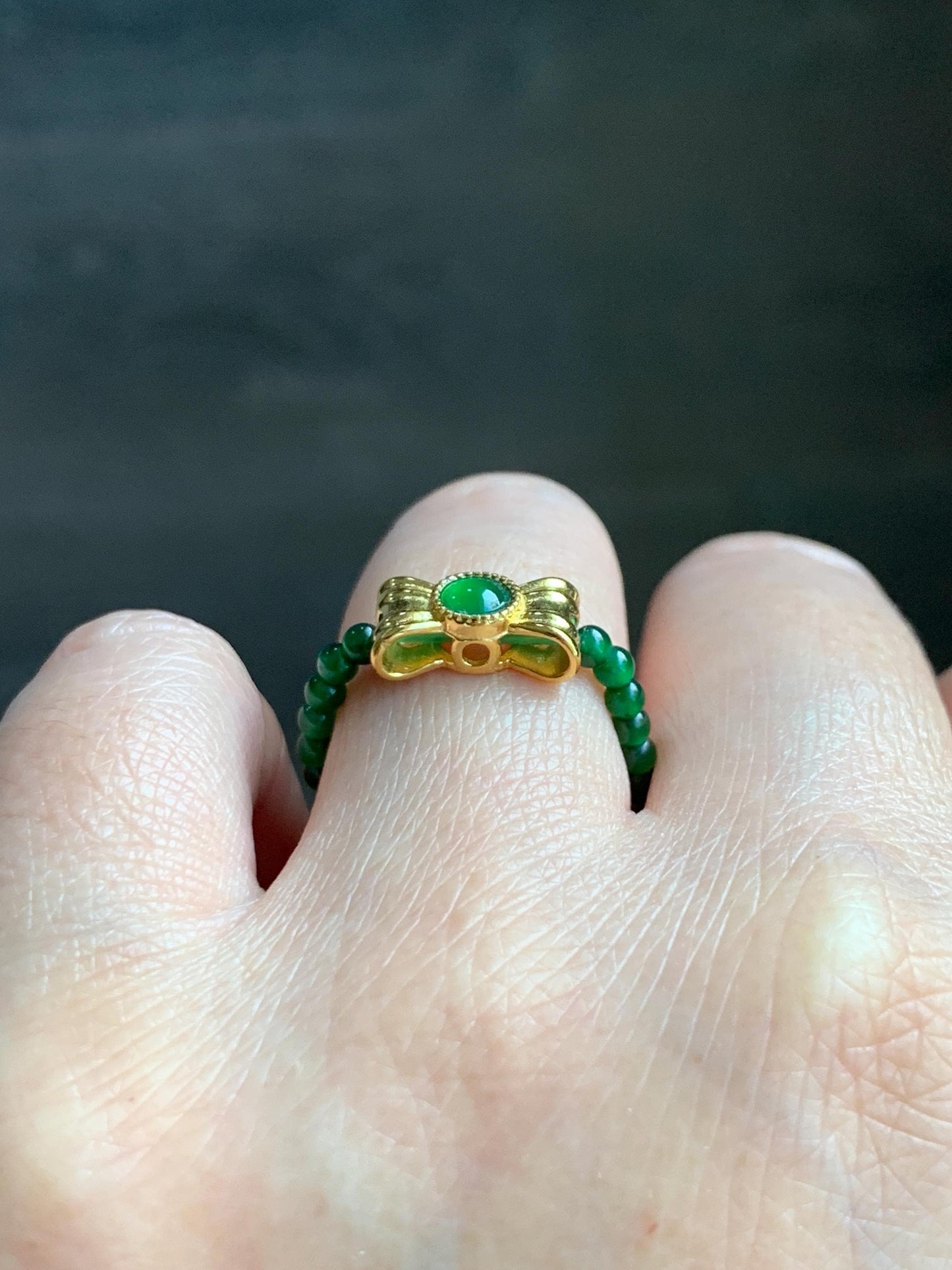 Natural Grade A Guatemalan Icy Translucent Vibrant Green Jade Jadeite Petite Beads Bow Charm Beaded Ring Size 7 US 天然冰危绿翡翠小珠潘多拉蝴蝶结戒圈WLHJ110