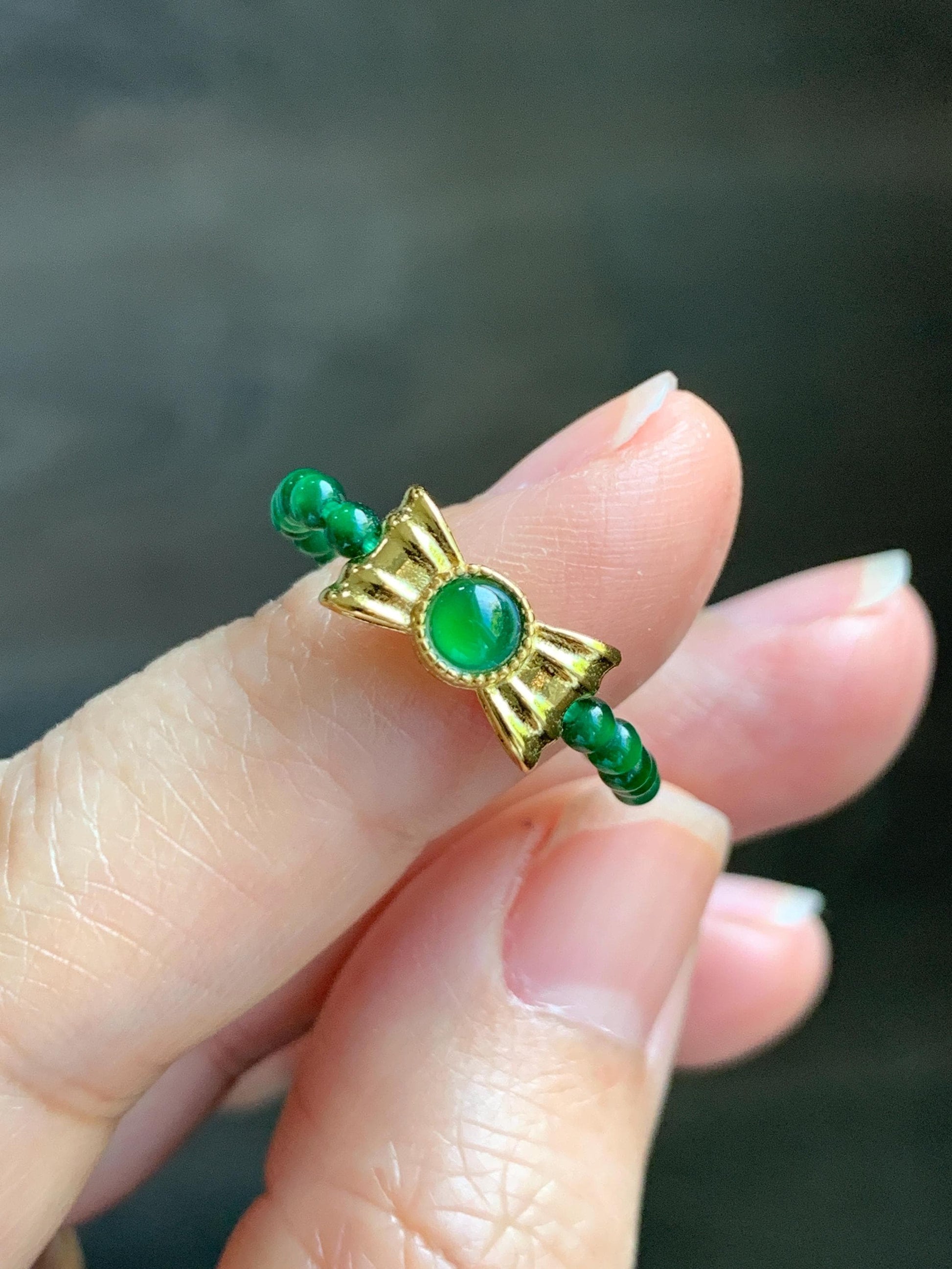 Natural Grade A Guatemalan Icy Translucent Vibrant Green Jade Jadeite Petite Beads Bow Charm Beaded Ring Size 7 US 天然冰危绿翡翠小珠潘多拉蝴蝶结戒圈WLHJ110