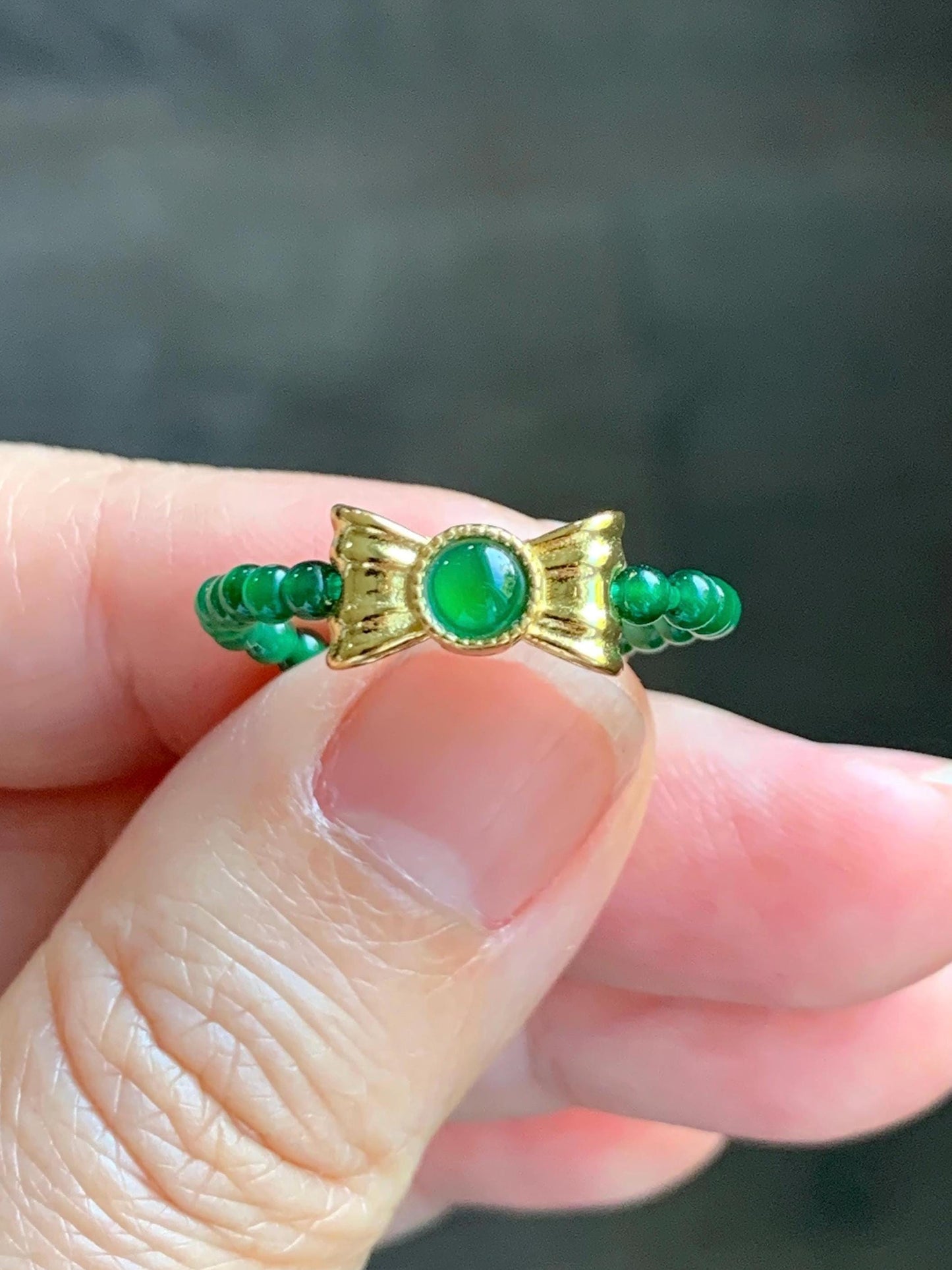 Natural Grade A Guatemalan Icy Translucent Vibrant Green Jade Jadeite Petite Beads Bow Charm Beaded Ring Size 7 US 天然冰危绿翡翠小珠潘多拉蝴蝶结戒圈WLHJ110