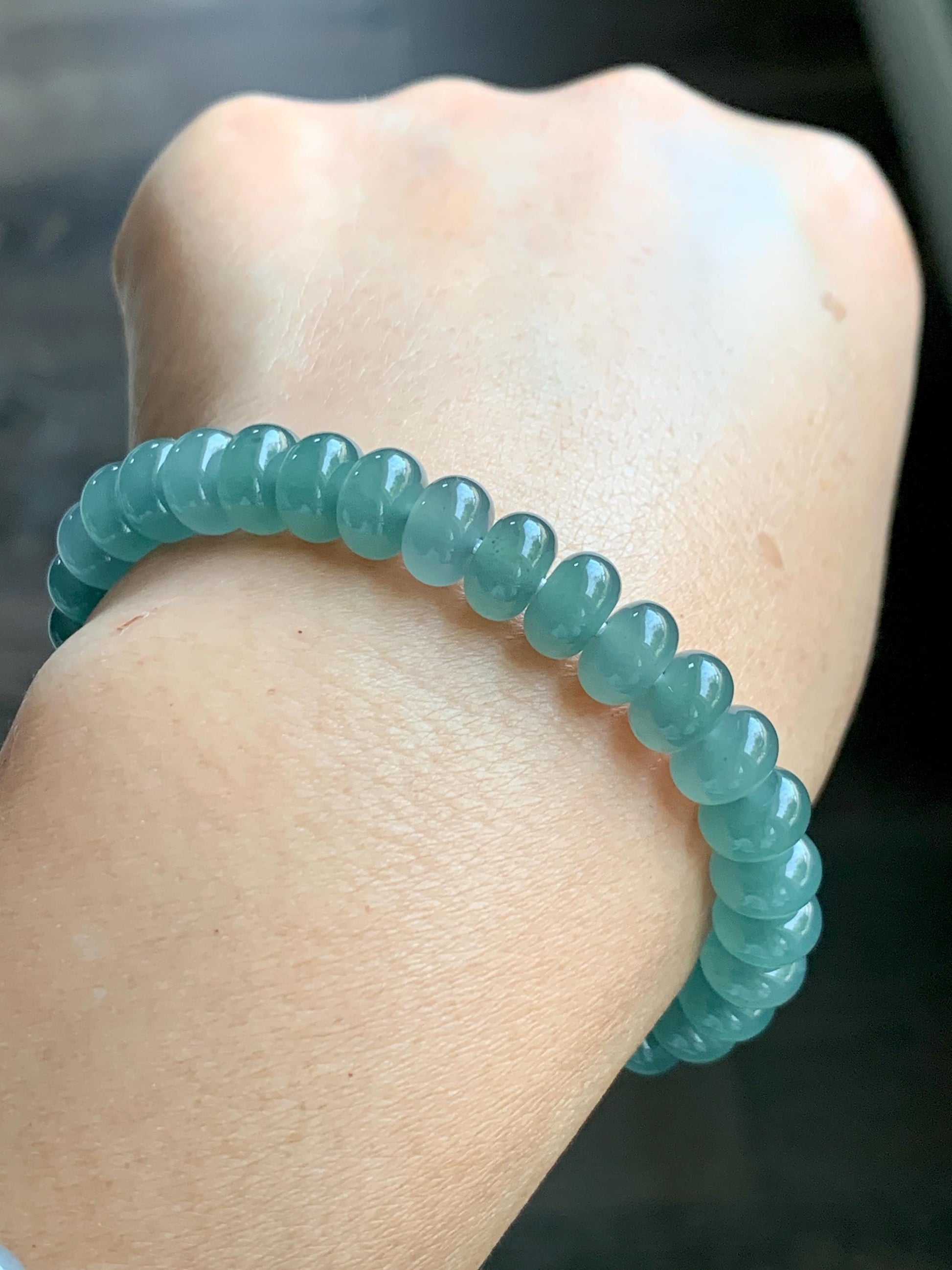 Certified Natural Grade A Guatemalan Icy Translucent Dusty Teal Green Jade Jadeite Drum Beads Beaded Bracelet 8mm 6.75” 22g 天然冰危浅蓝绿翡翠鼓珠手串276