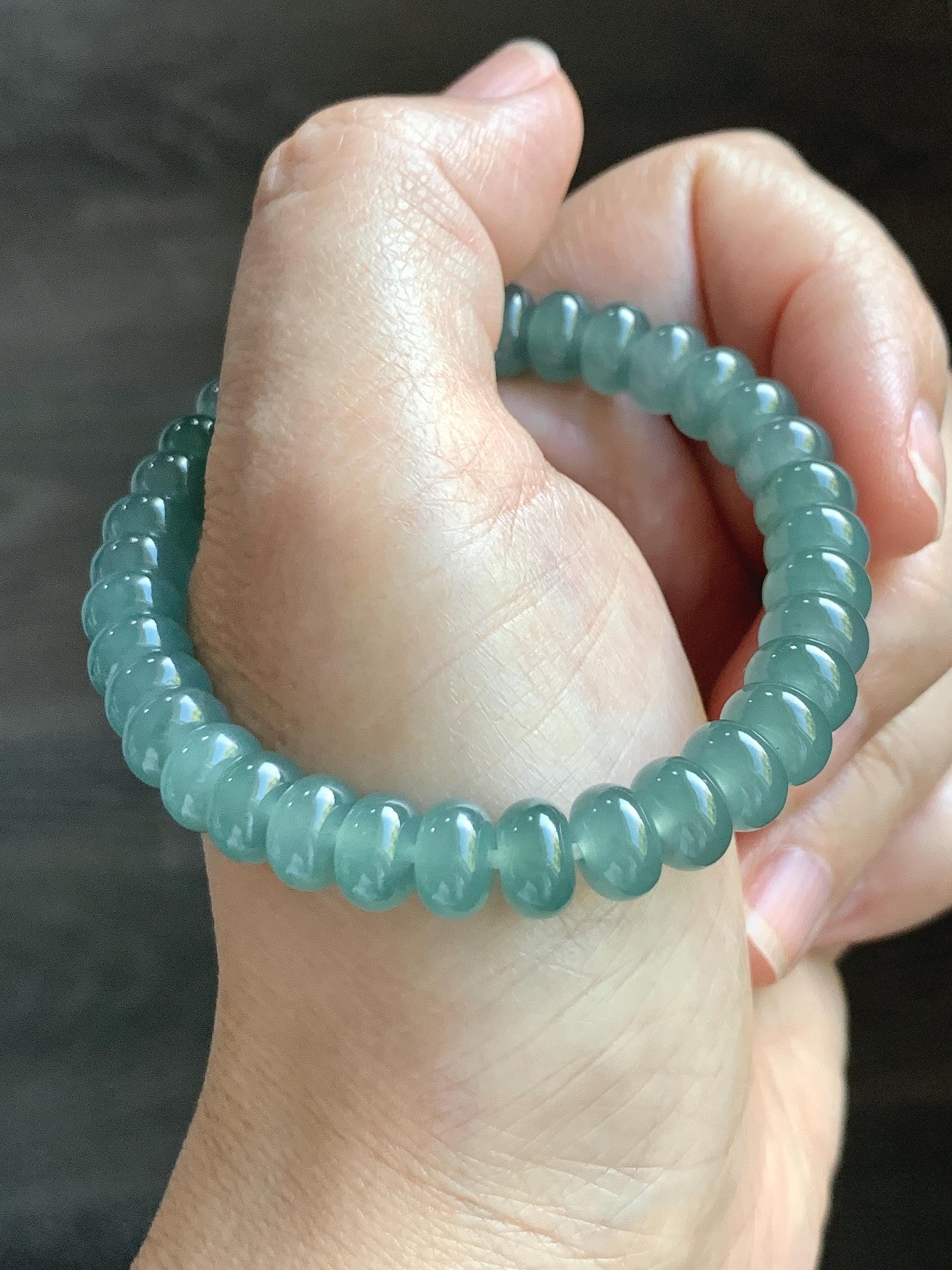 Certified Natural Grade A Guatemalan Icy Translucent Dusty Teal Green Jade Jadeite Drum Beads Beaded Bracelet 8mm 6.75” 22g 天然冰危浅蓝绿翡翠鼓珠手串276