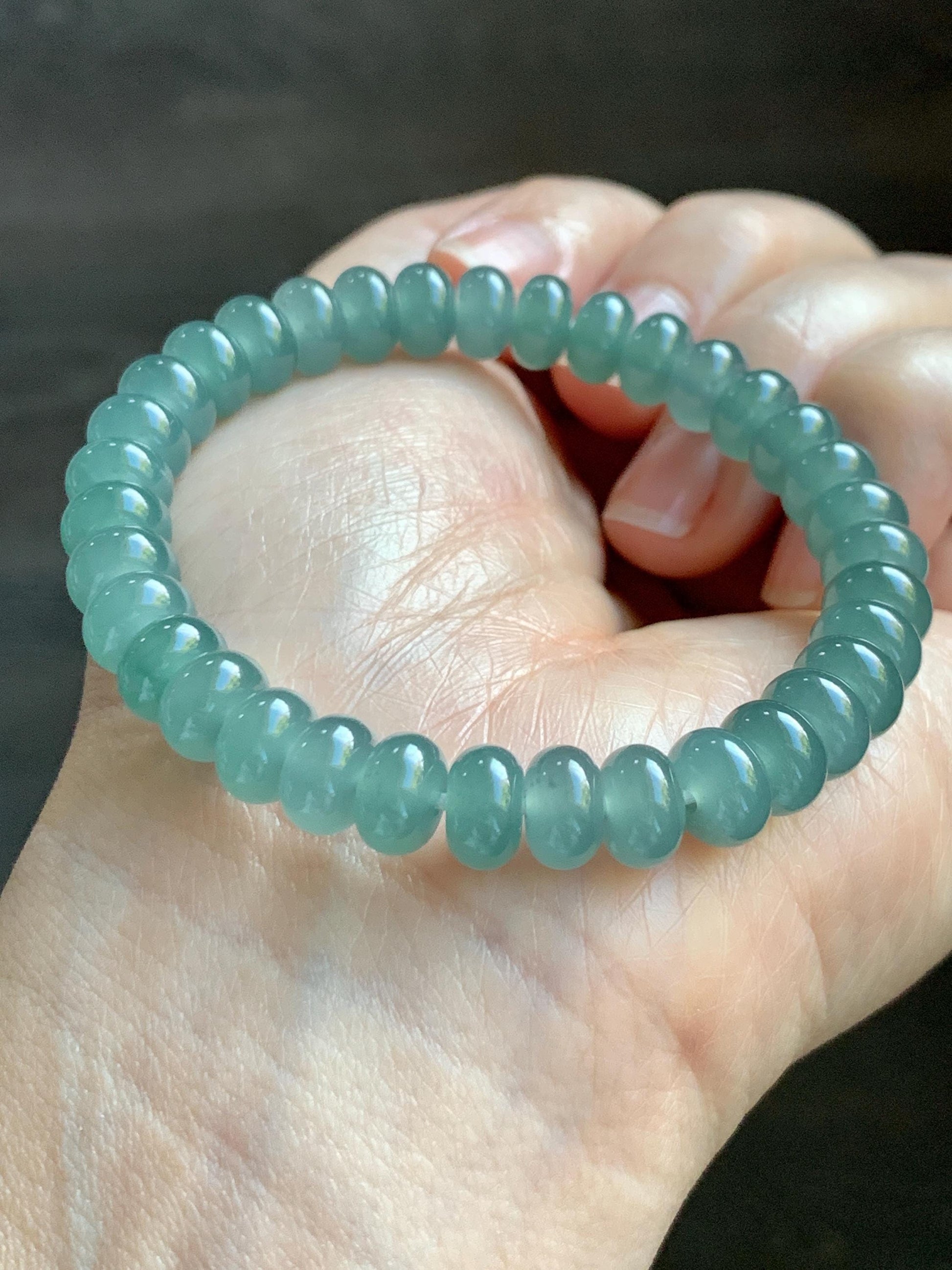 Certified Natural Grade A Guatemalan Icy Translucent Dusty Teal Green Jade Jadeite Drum Beads Beaded Bracelet 8mm 6.75” 22g 天然冰危浅蓝绿翡翠鼓珠手串276
