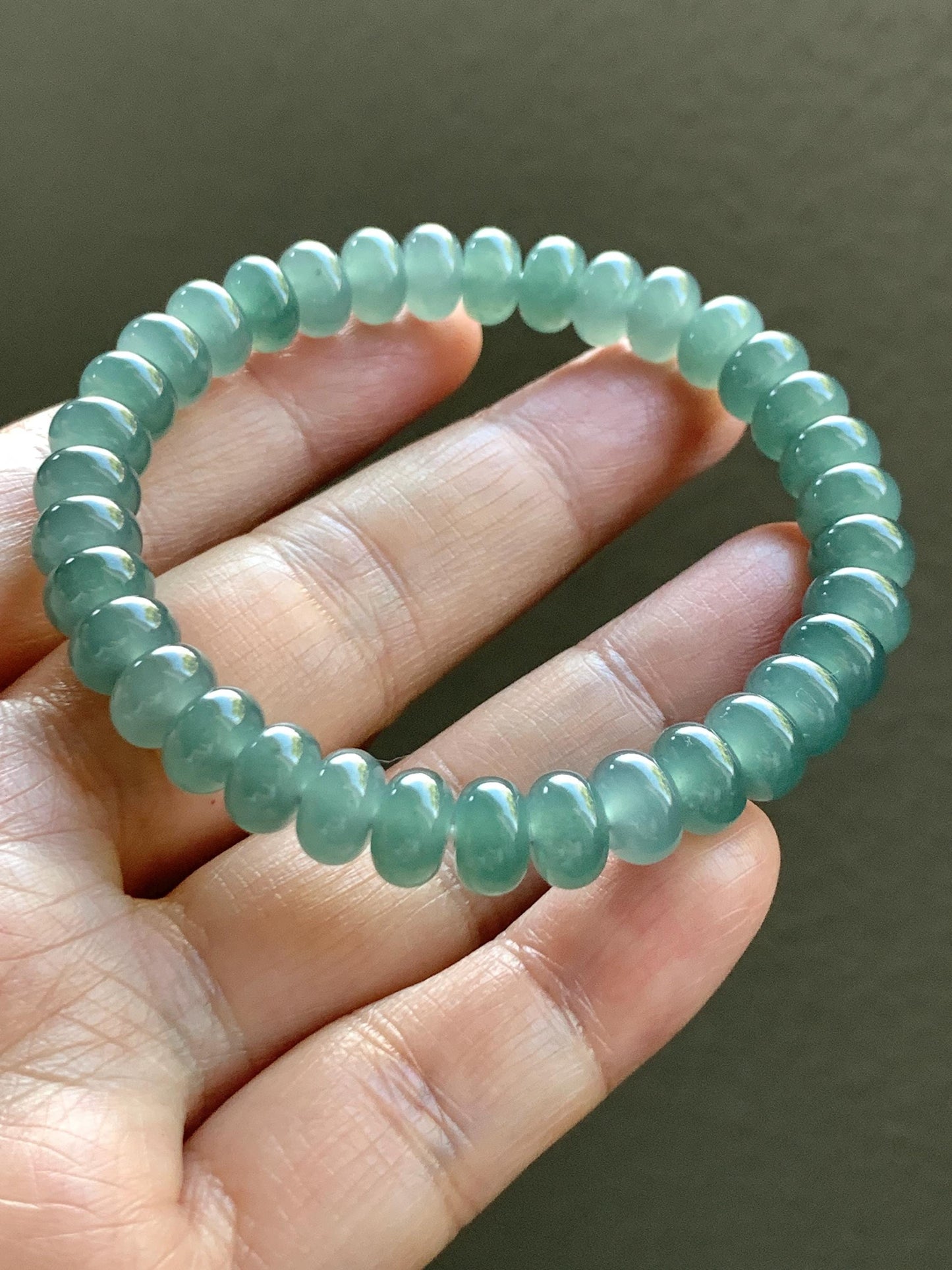 Certified Natural Grade A Guatemalan Icy Translucent Dusty Teal Green Jade Jadeite Drum Beads Beaded Bracelet 8mm 6.75” 22g 天然冰危浅蓝绿翡翠鼓珠手串276