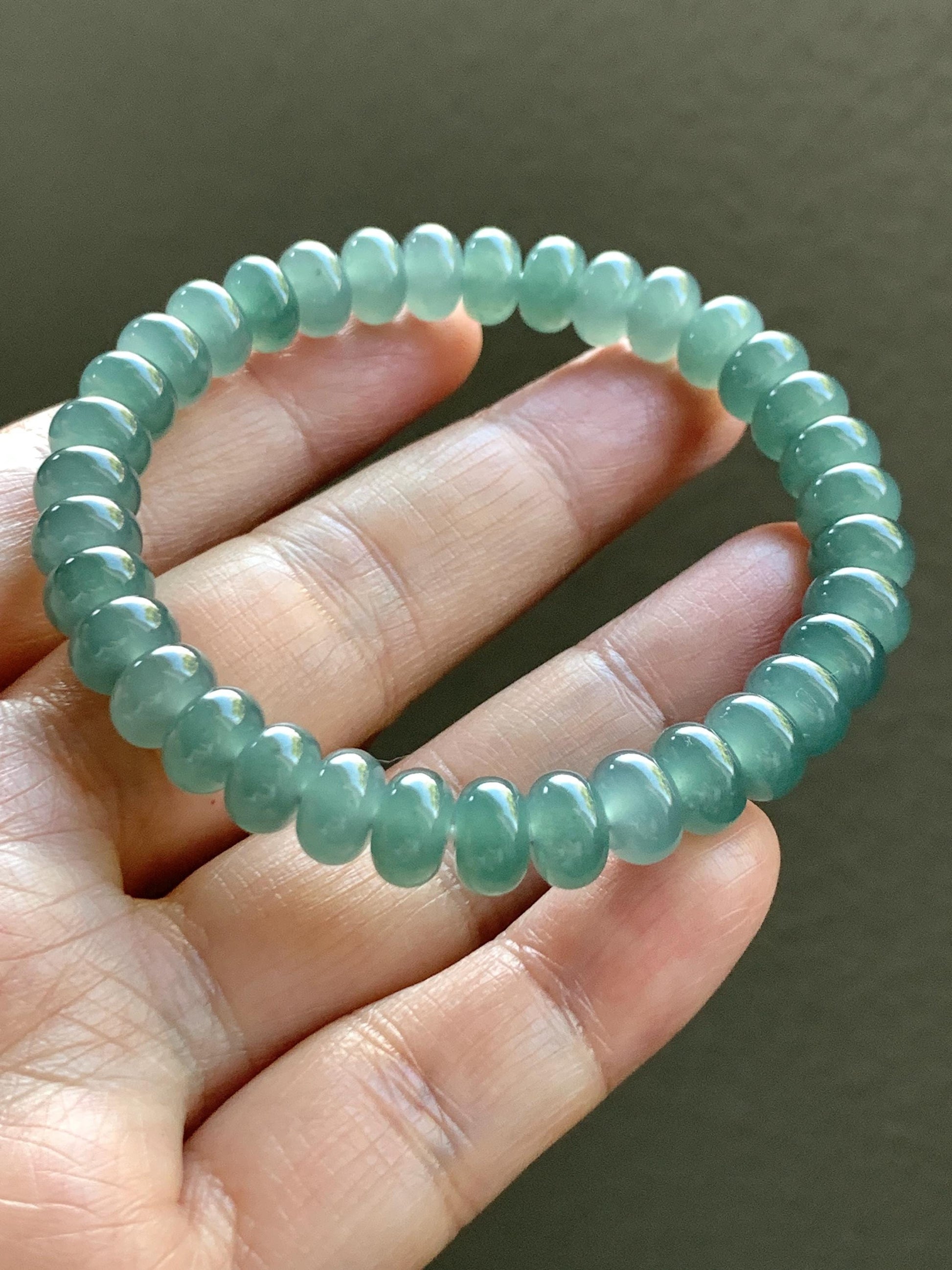 Certified Natural Grade A Guatemalan Icy Translucent Dusty Teal Green Jade Jadeite Drum Beads Beaded Bracelet 8mm 6.75” 22g 天然冰危浅蓝绿翡翠鼓珠手串276