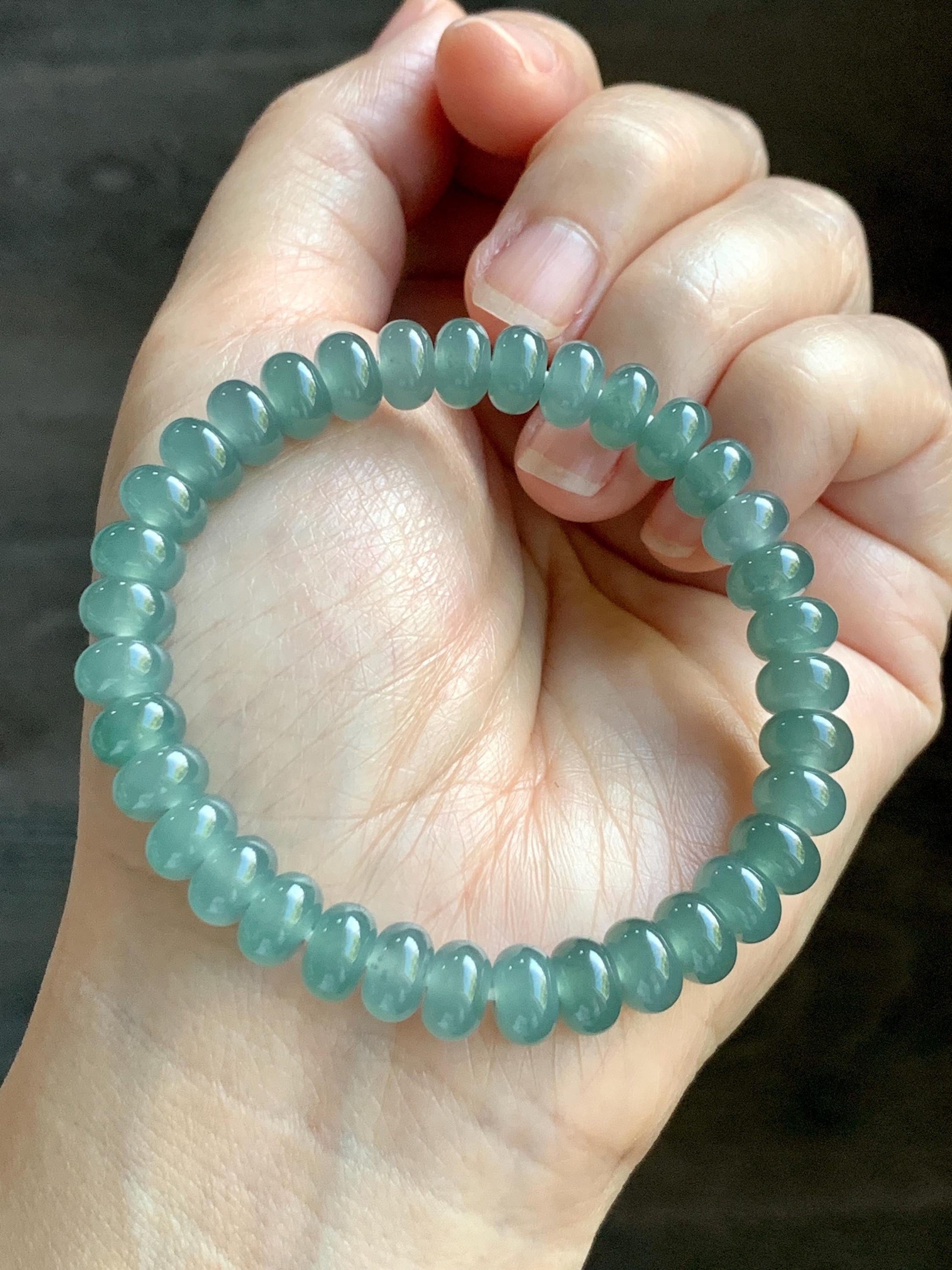 Certified Natural Grade A Guatemalan Icy Translucent Dusty Teal Green Jade Jadeite Drum Beads Beaded Bracelet 8mm 6.75” 22g 天然冰危浅蓝绿翡翠鼓珠手串276