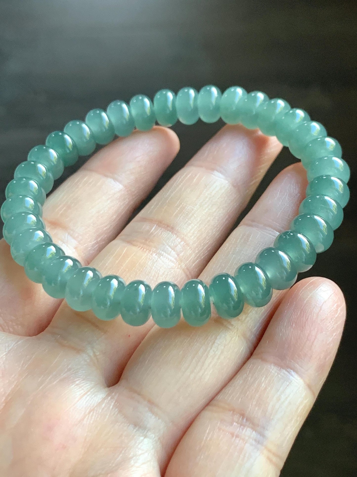 Certified Natural Grade A Guatemalan Icy Translucent Dusty Teal Green Jade Jadeite Drum Beads Beaded Bracelet 8mm 6.75” 22g 天然冰危浅蓝绿翡翠鼓珠手串276