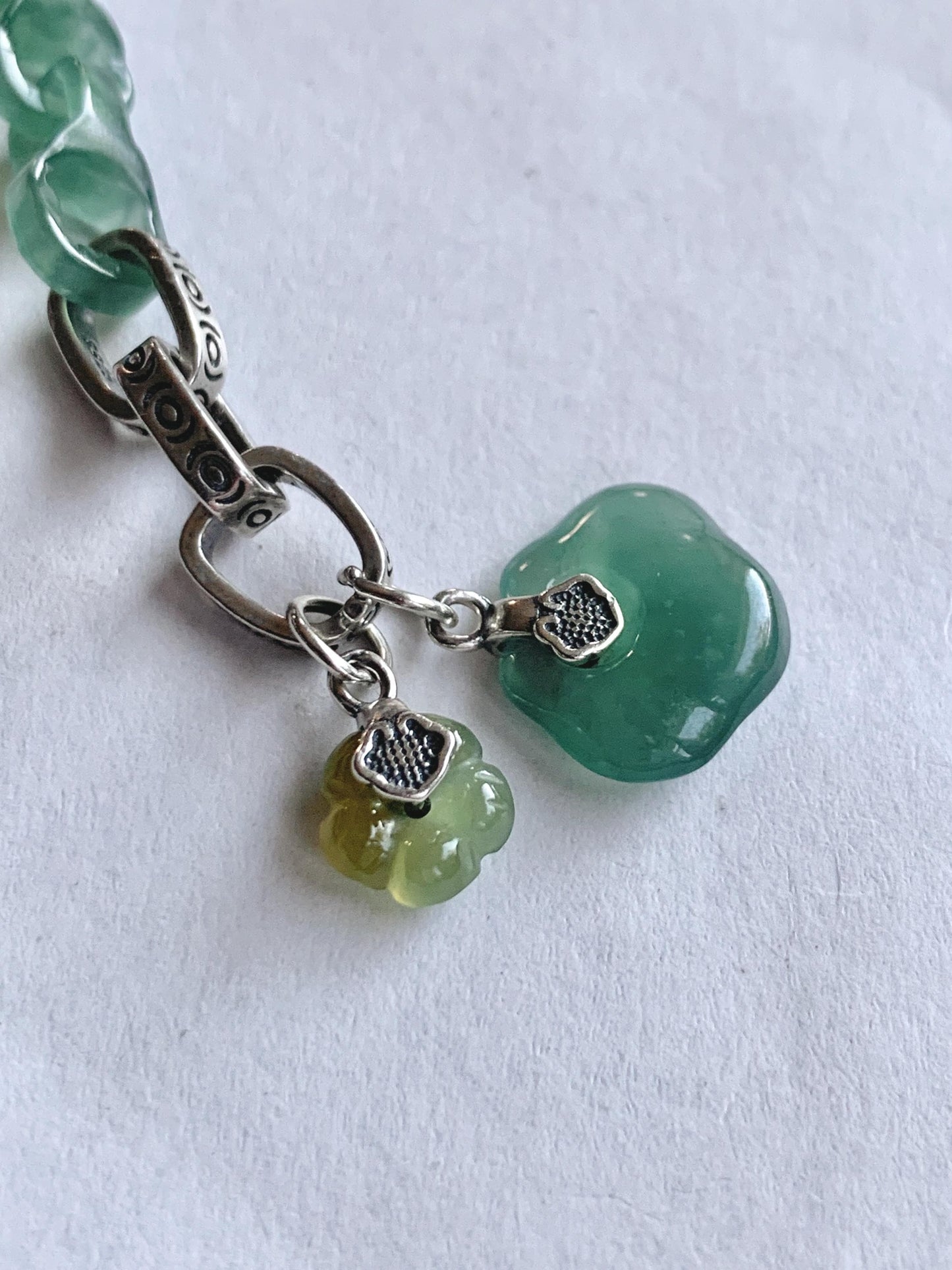 Natural Grade A Guatemalan Icy Teal Blue Jade Jadeite Interlocking Dragon Bone Chain Charm Bracelet Sterling Silver 6.75" 天然冰胶危蓝翡翠龙骨链手链 SLR