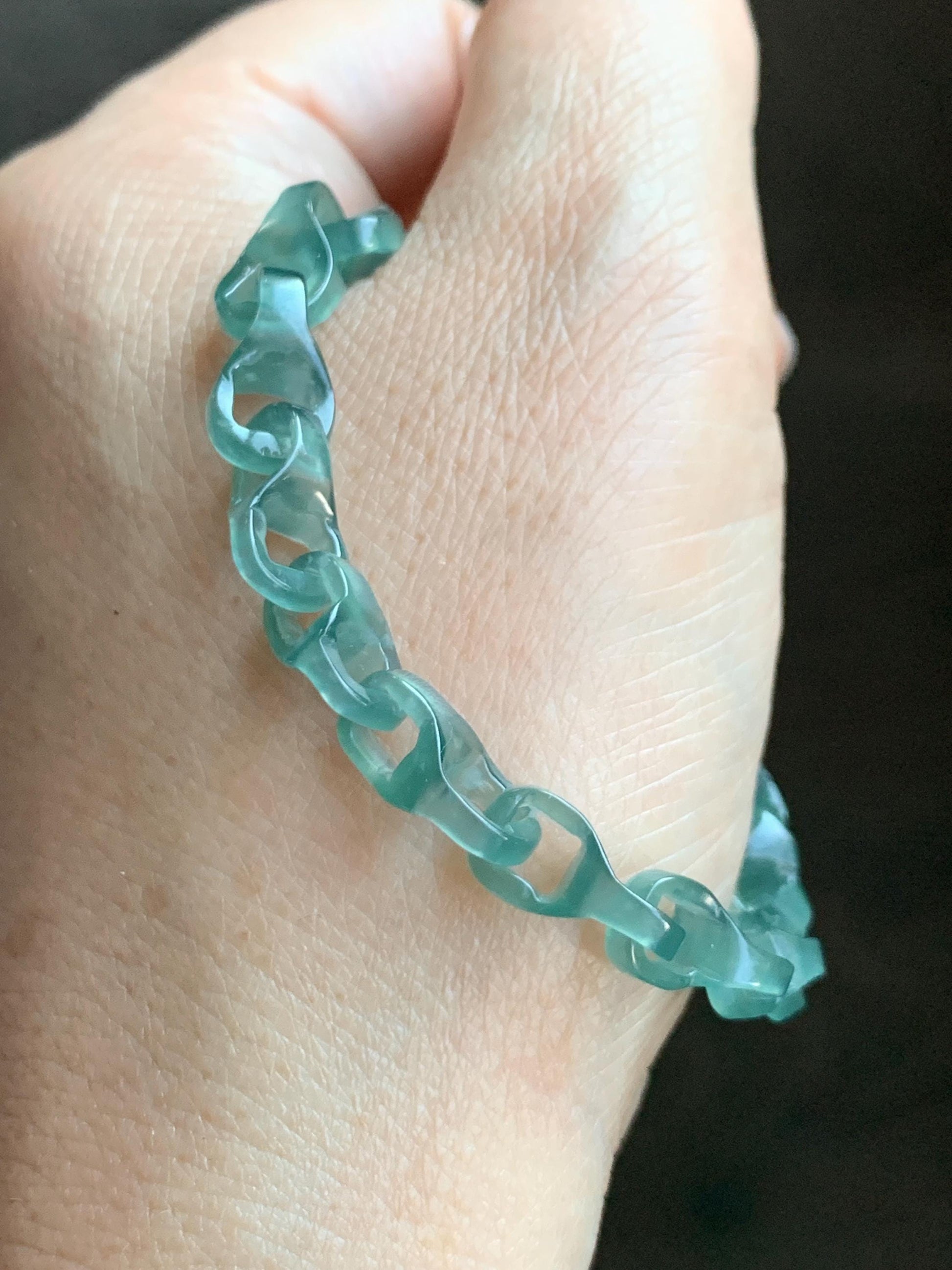 Natural Grade A Guatemalan Icy Teal Blue Jade Jadeite Interlocking Dragon Bone Chain Charm Bracelet Sterling Silver 6.75" 天然冰胶危蓝翡翠龙骨链手链 SLR