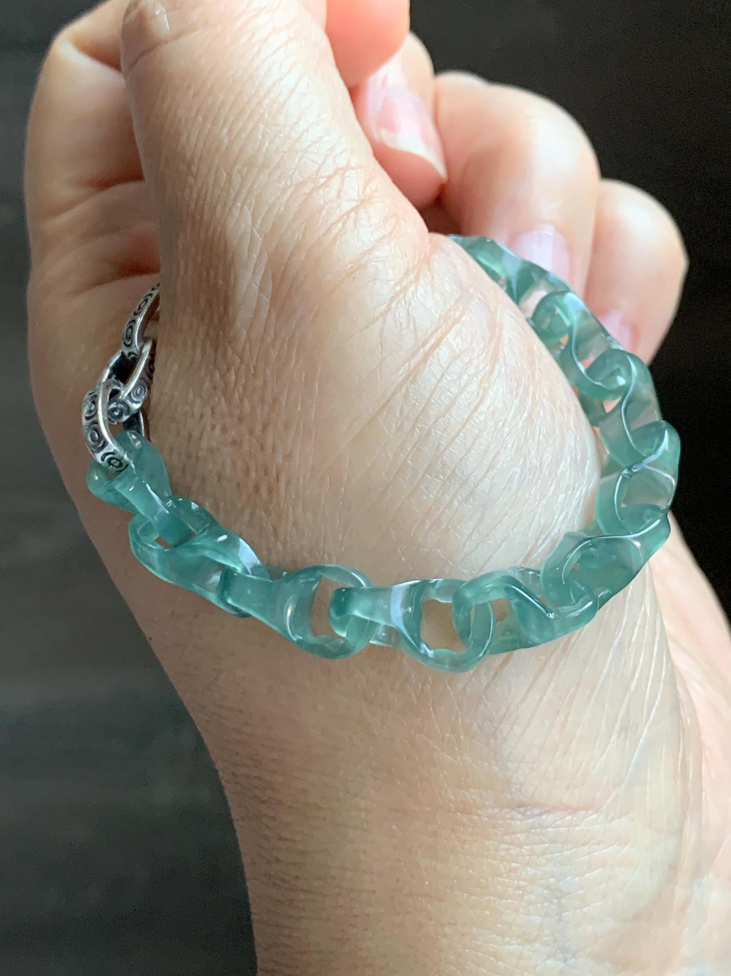 Natural Grade A Guatemalan Icy Teal Blue Jade Jadeite Interlocking Dragon Bone Chain Charm Bracelet Sterling Silver 6.75" 天然冰胶危蓝翡翠龙骨链手链 SLR