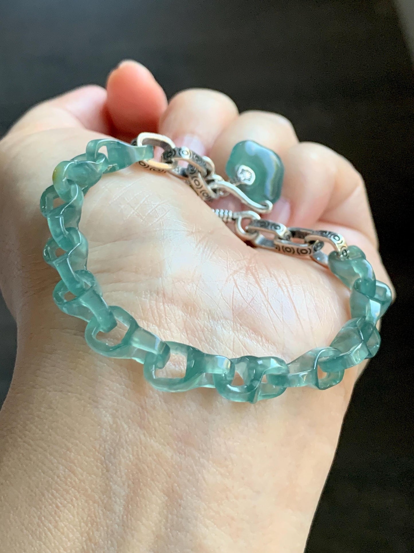 Natural Grade A Guatemalan Icy Teal Blue Jade Jadeite Interlocking Dragon Bone Chain Charm Bracelet Sterling Silver 6.75" 天然冰胶危蓝翡翠龙骨链手链 SLR