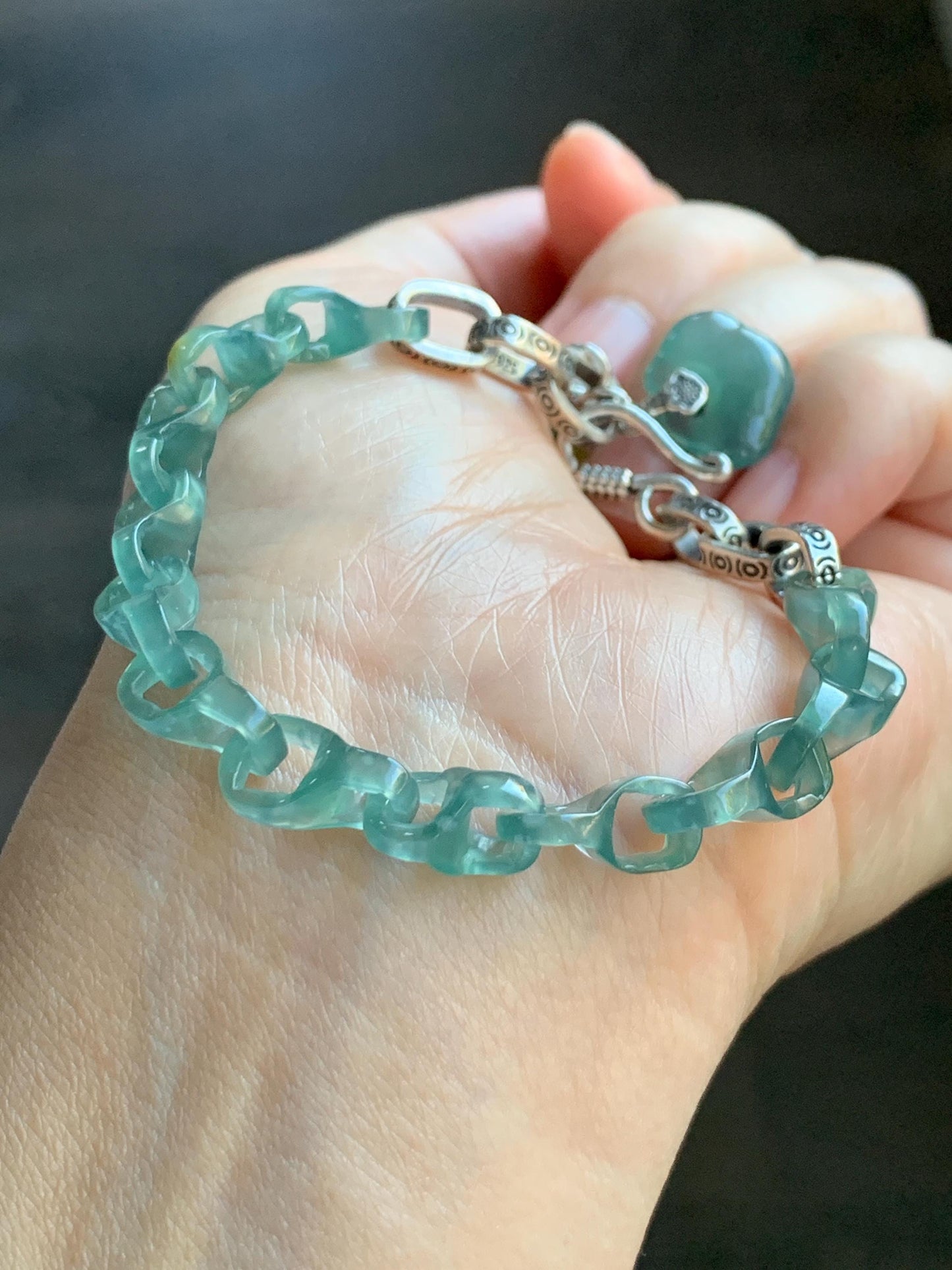 Natural Grade A Guatemalan Icy Teal Blue Jade Jadeite Interlocking Dragon Bone Chain Charm Bracelet Sterling Silver 6.75" 天然冰胶危蓝翡翠龙骨链手链 SLR