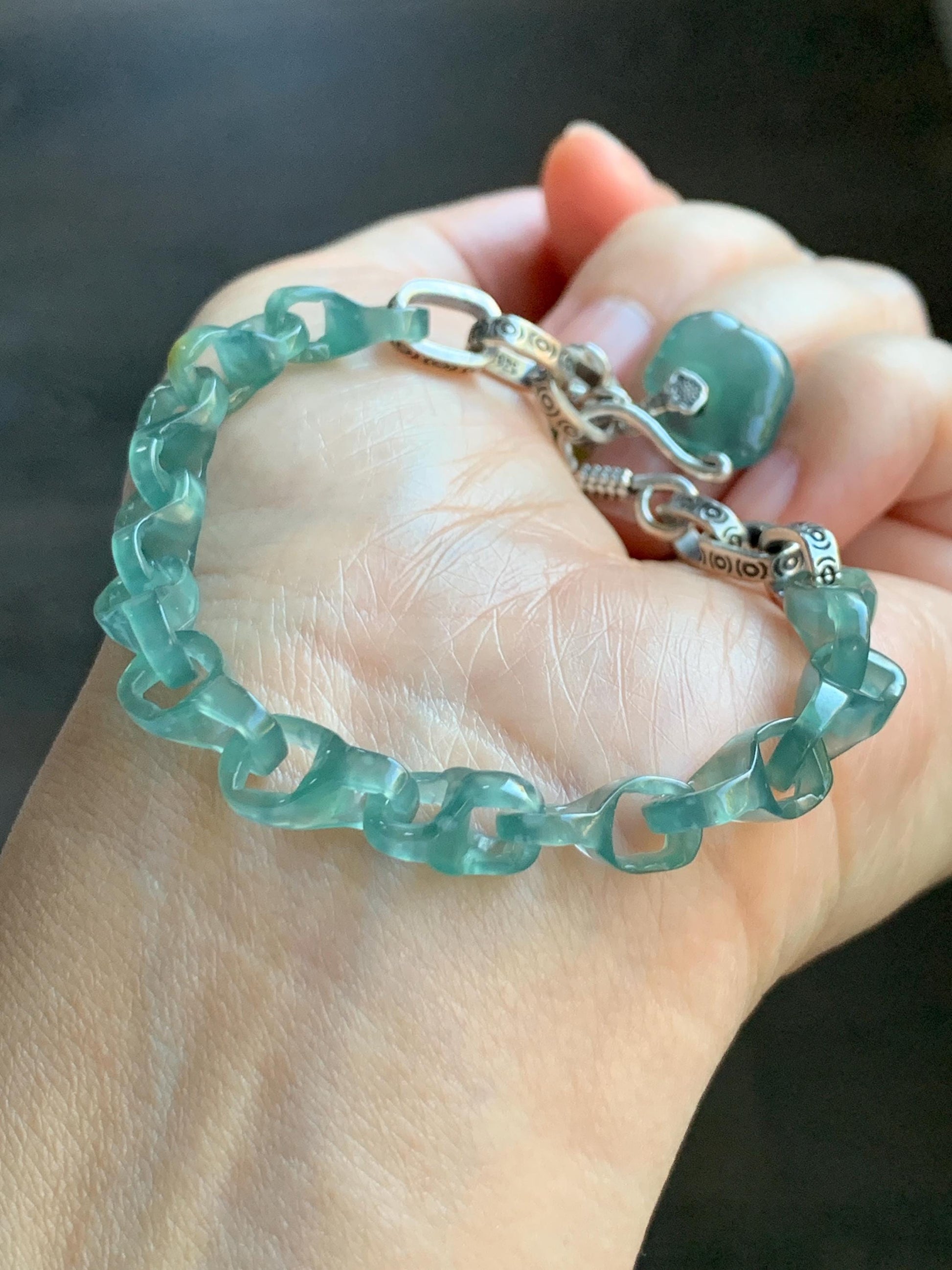 Natural Grade A Guatemalan Icy Teal Blue Jade Jadeite Interlocking Dragon Bone Chain Charm Bracelet Sterling Silver 6.75" 天然冰胶危蓝翡翠龙骨链手链 SLR