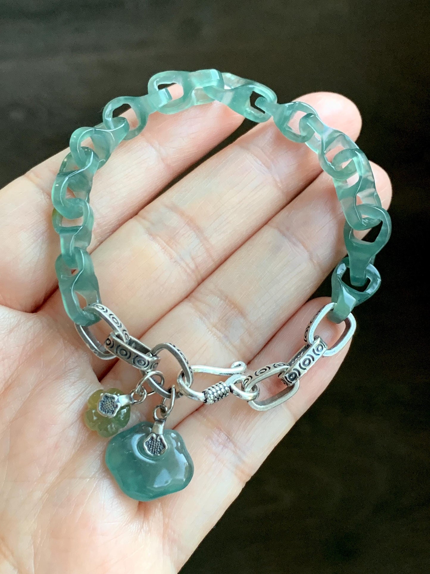 Natural Grade A Guatemalan Icy Teal Blue Jade Jadeite Interlocking Dragon Bone Chain Charm Bracelet Sterling Silver 6.75" 天然冰胶危蓝翡翠龙骨链手链 SLR