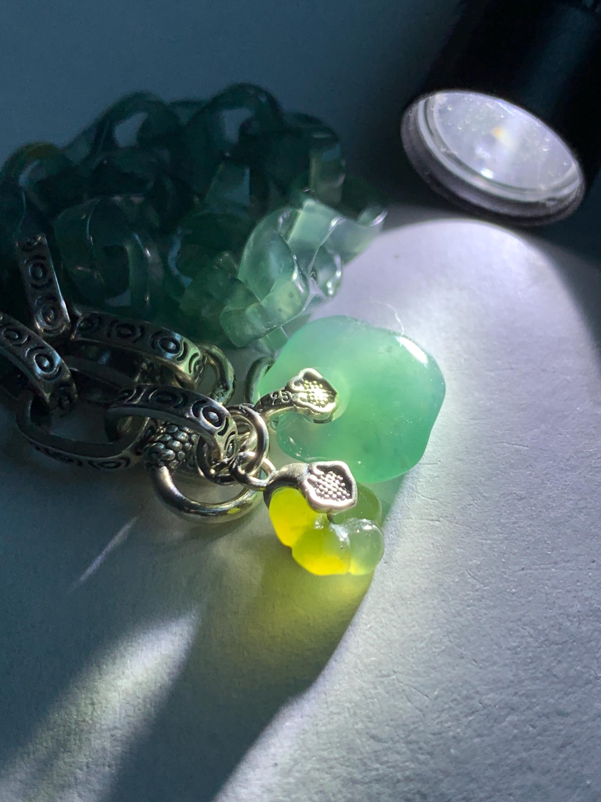 Natural Grade A Guatemalan Icy Teal Blue Jade Jadeite Interlocking Dragon Bone Chain Charm Bracelet Sterling Silver 6.75" 天然冰胶危蓝翡翠龙骨链手链 SLR