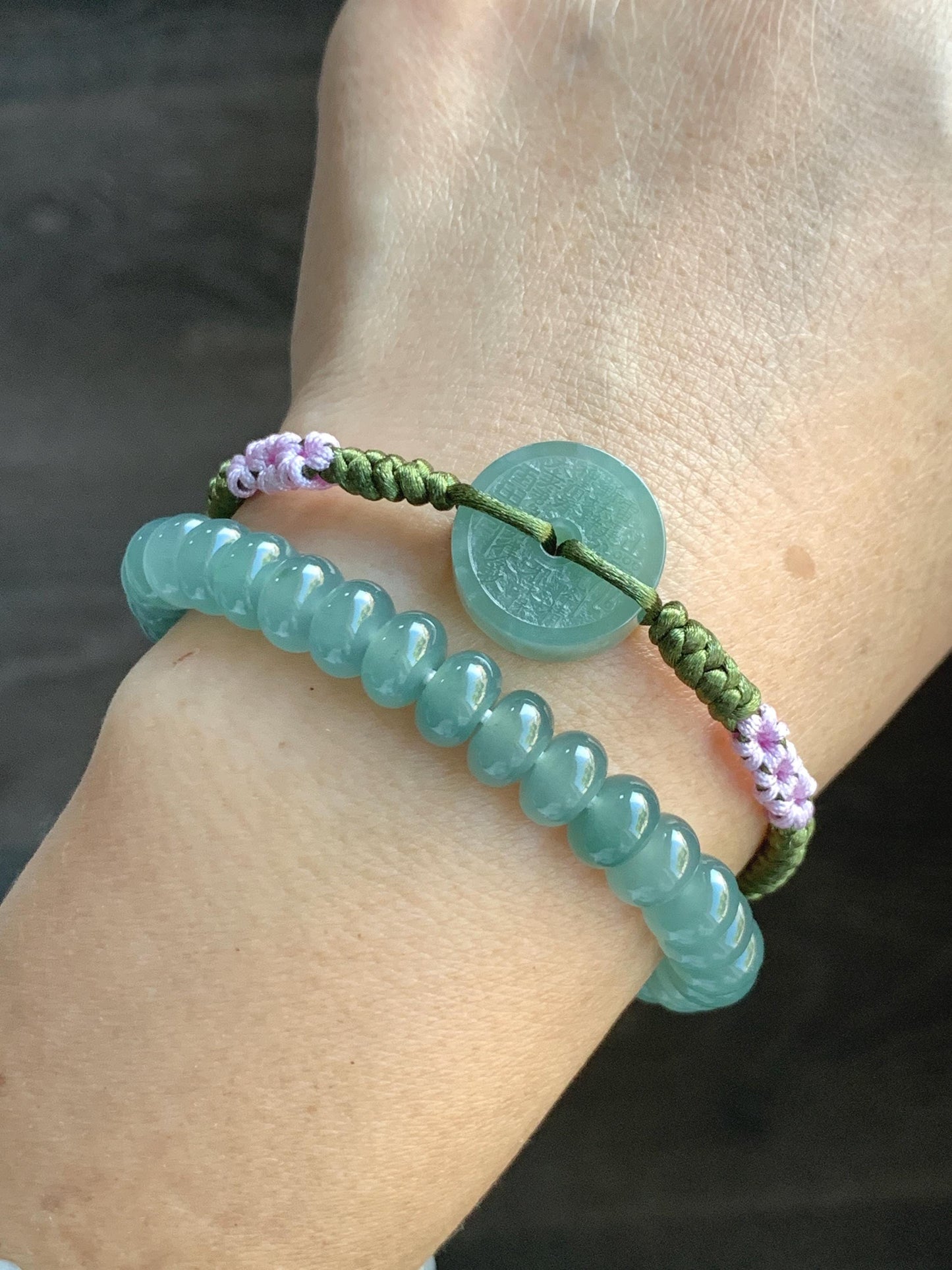 Natural Grade A Guatemalan Icy Translucent Light Teal Green Jadeite Mountain Ghost Eight Trigrams Coin Rope Bracelet 天然冰危浅蓝绿翡翠山鬼护身符手绳 SGS105