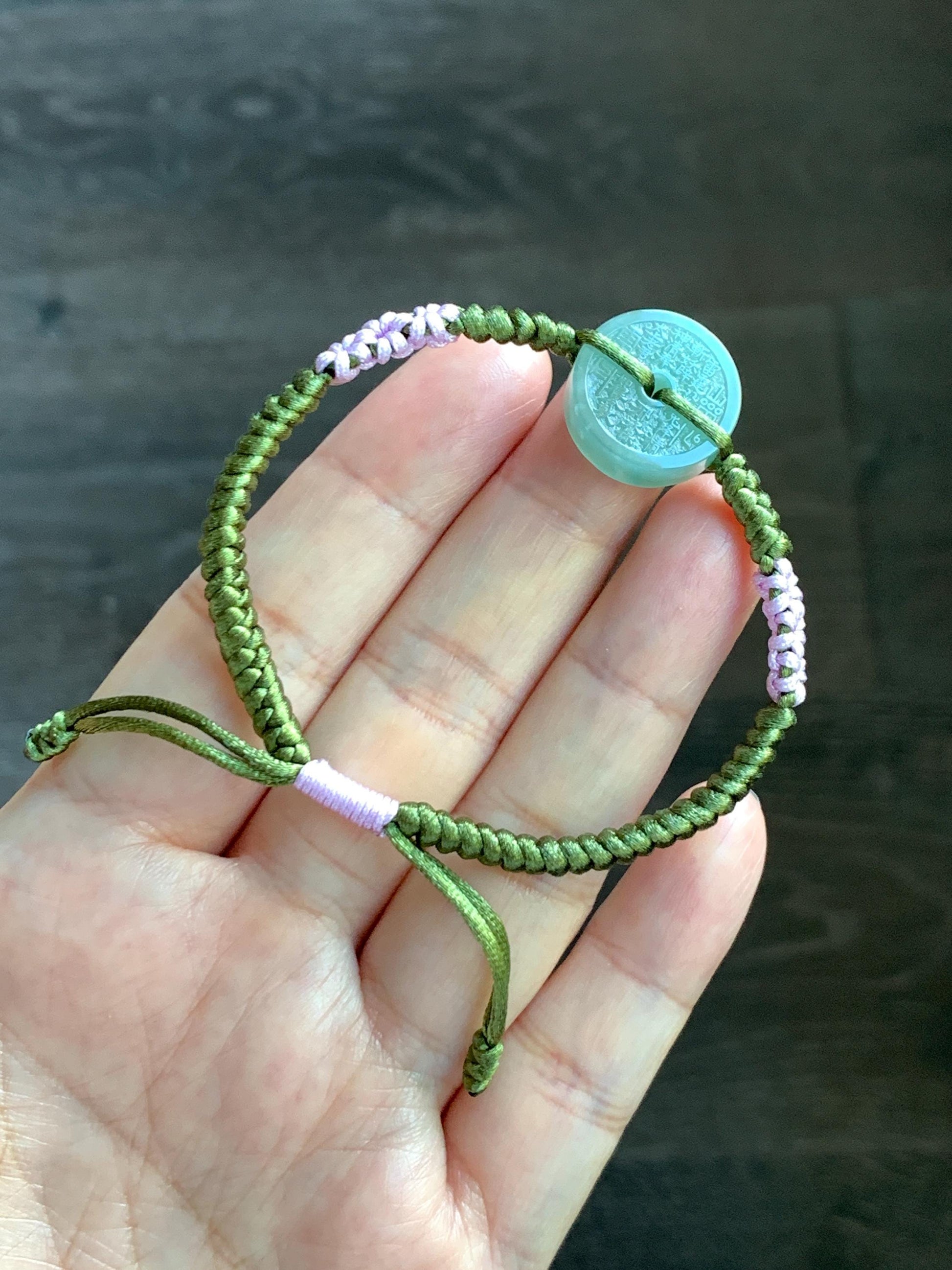 Natural Grade A Guatemalan Icy Translucent Light Teal Green Jadeite Mountain Ghost Eight Trigrams Coin Rope Bracelet 天然冰危浅蓝绿翡翠山鬼护身符手绳 SGS105