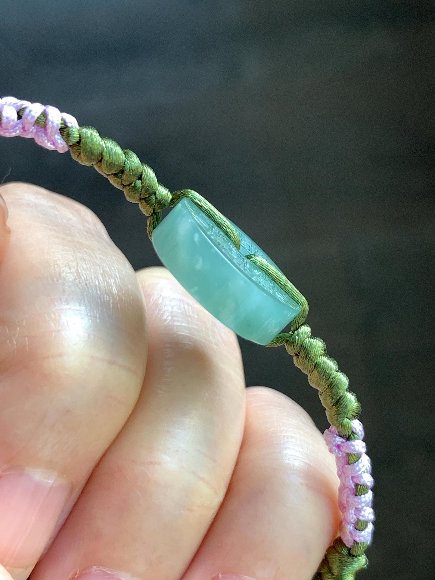 Natural Grade A Guatemalan Icy Translucent Light Teal Green Jadeite Mountain Ghost Eight Trigrams Coin Rope Bracelet 天然冰危浅蓝绿翡翠山鬼护身符手绳 SGS105